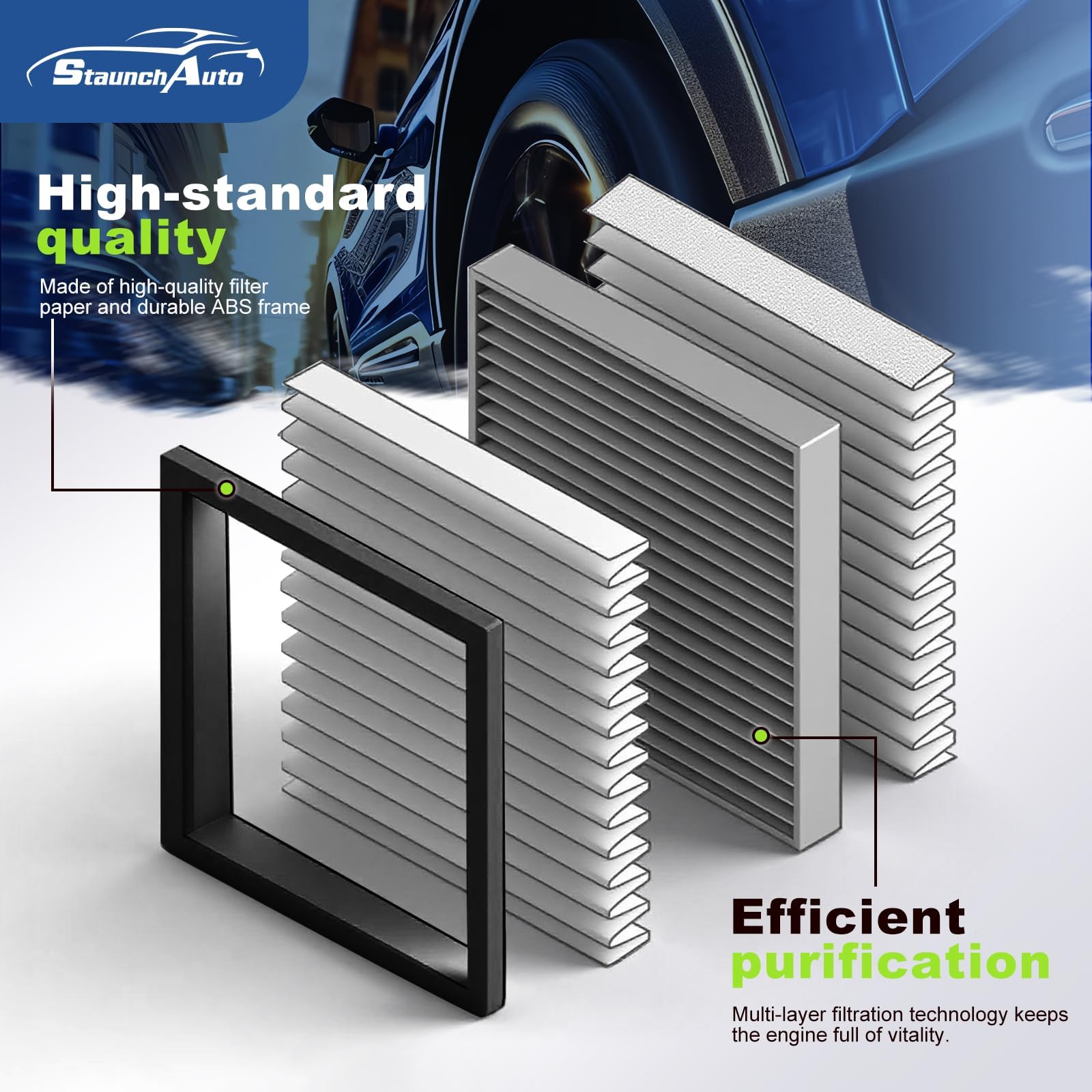 StaunchAuto cabin filter activated carbon close-up emphasizing odor adsorption