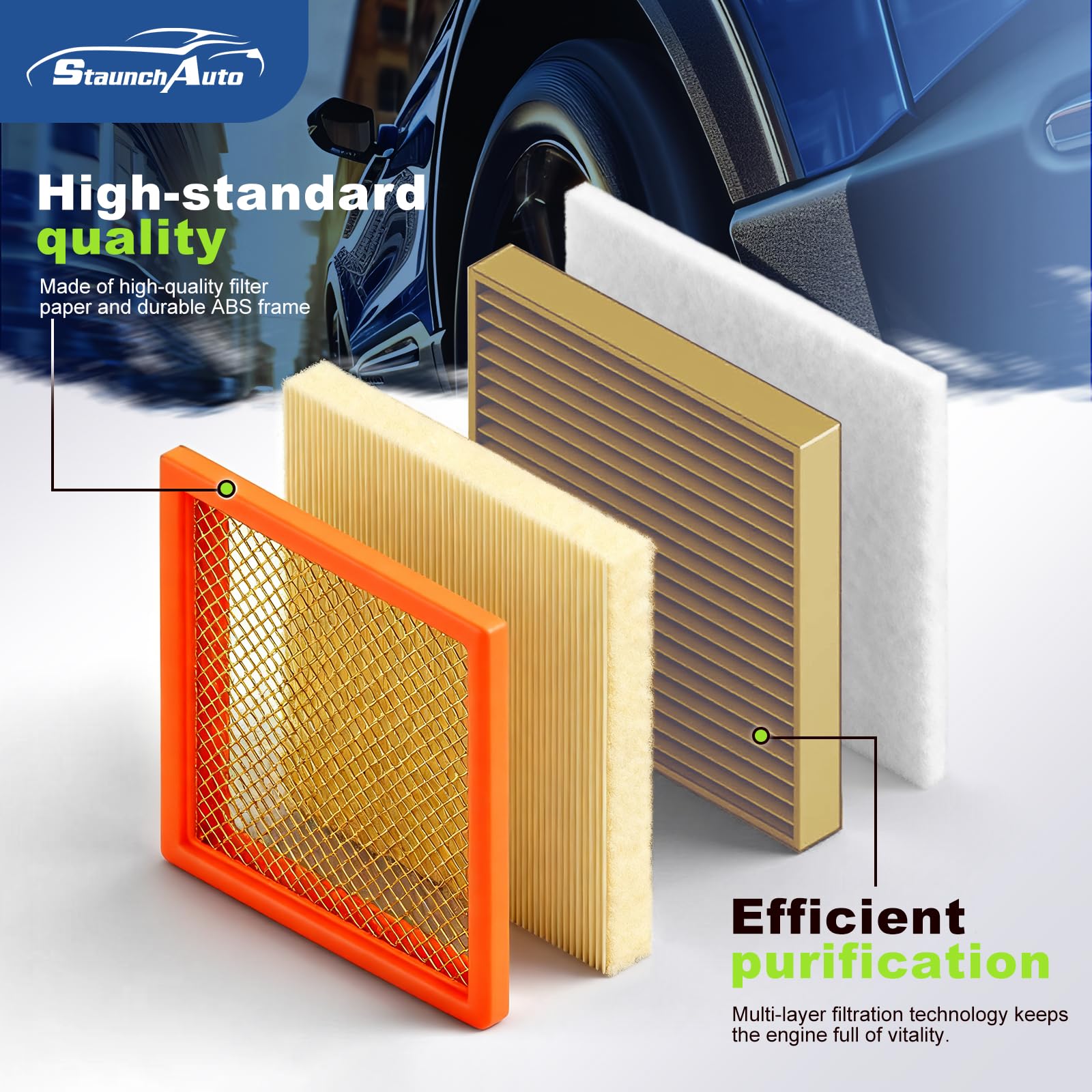 StaunchAuto filter paper close-up shows multi layer filtration for cleaner intake