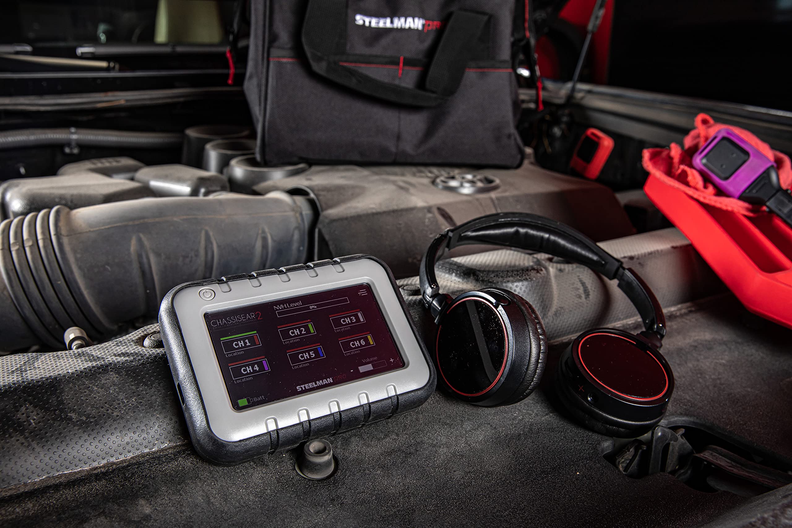 Steelman Pro microphone clamps capturing distinct sounds from engine bay and undercarriage