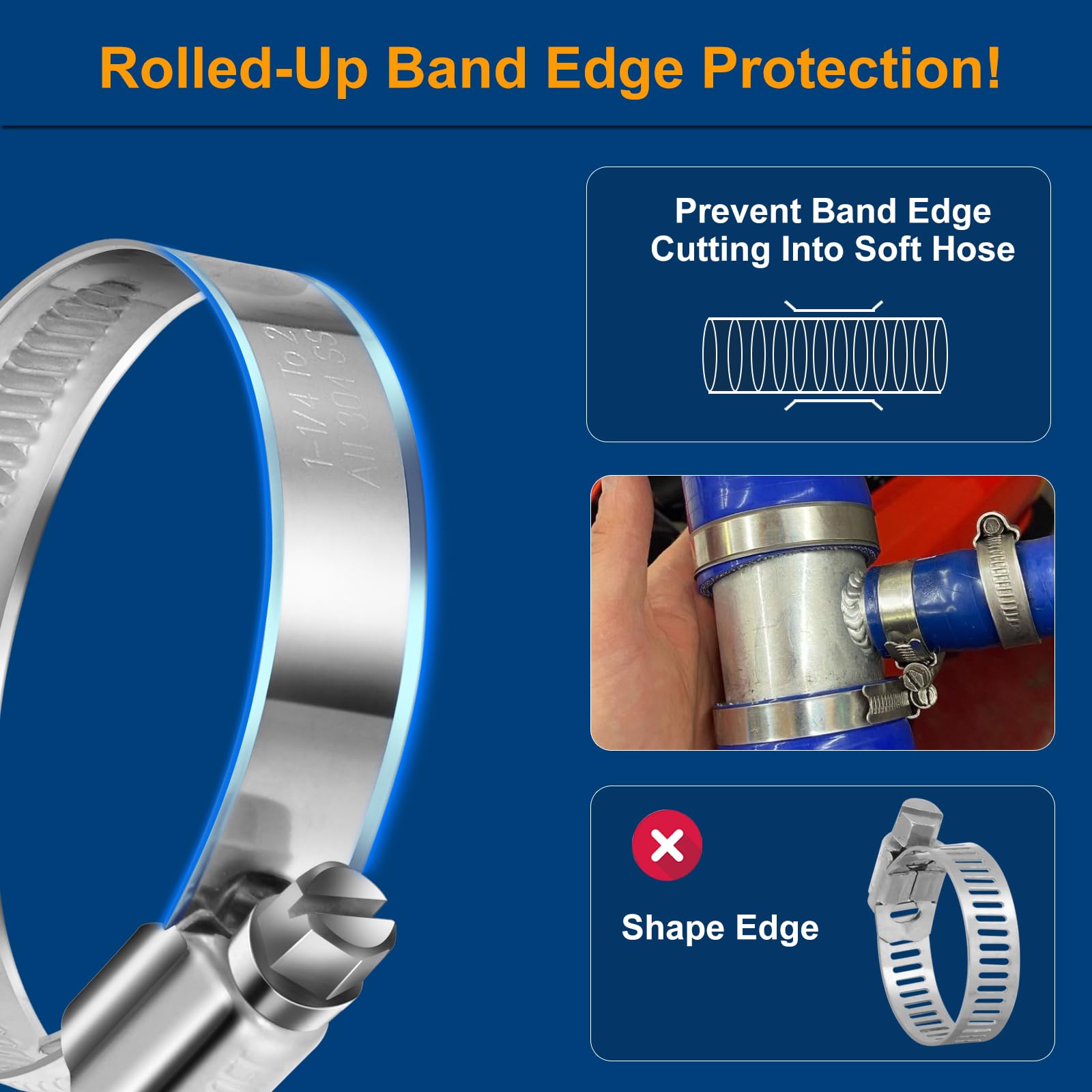 Steelsoft embossed band offers soft contact and reduced hose wear.