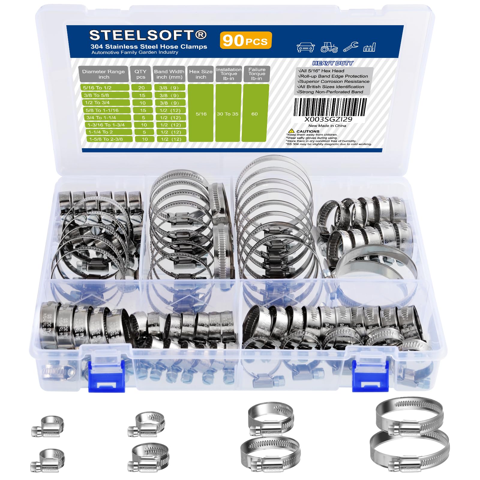 Steelsoft non-slip hose clamp assortment with secure banding for various hose sizes.