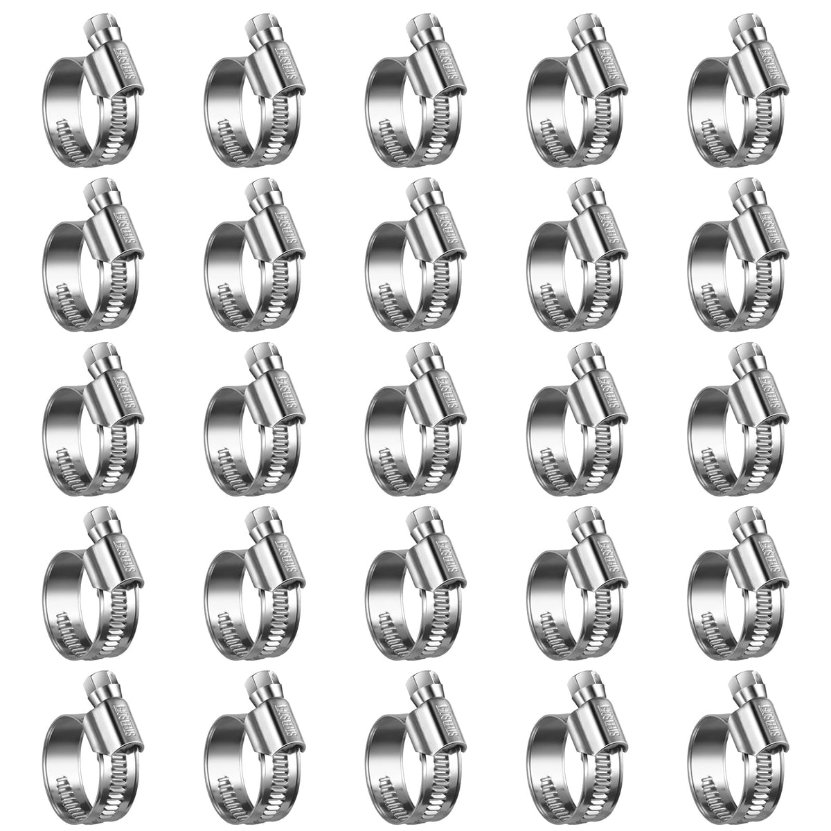 Steelsoft non-slip worm gear hose clamps in a 25-pack for secure automotive and garden connections.
