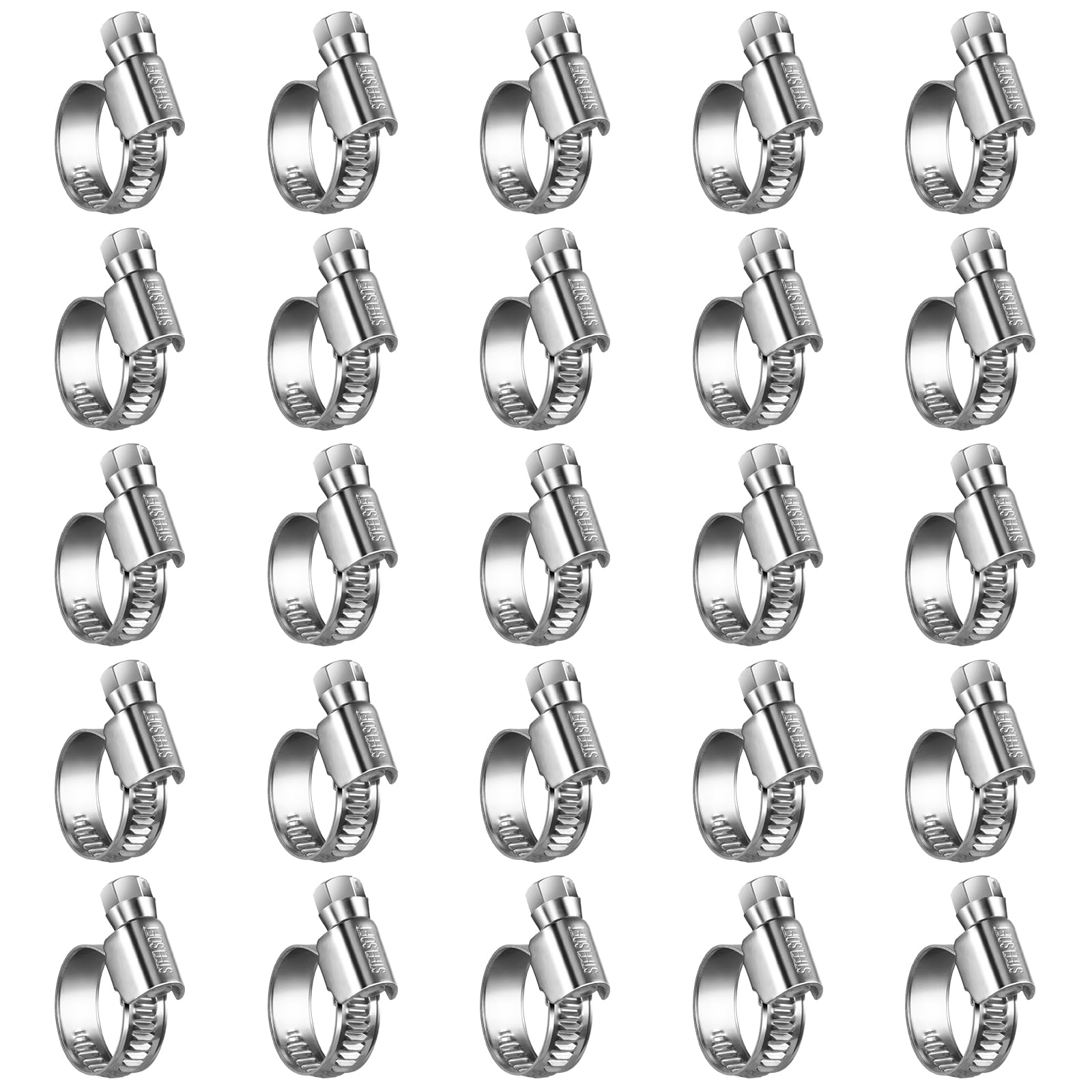 Steelsoft non-slip worm gear hose clamps pack shown for durable automotive and garden fittings