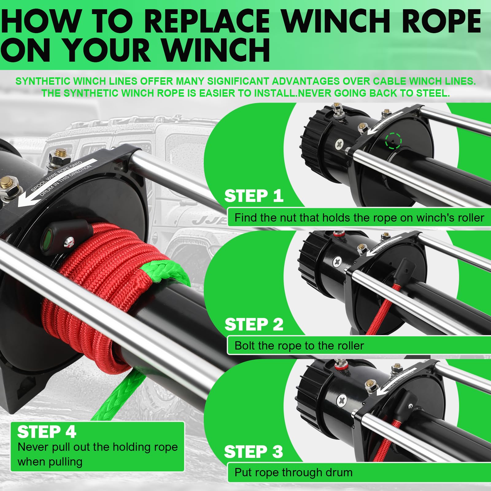STEGODON 85 ft winch rope ready for 9k to 13.5k lb winch installation