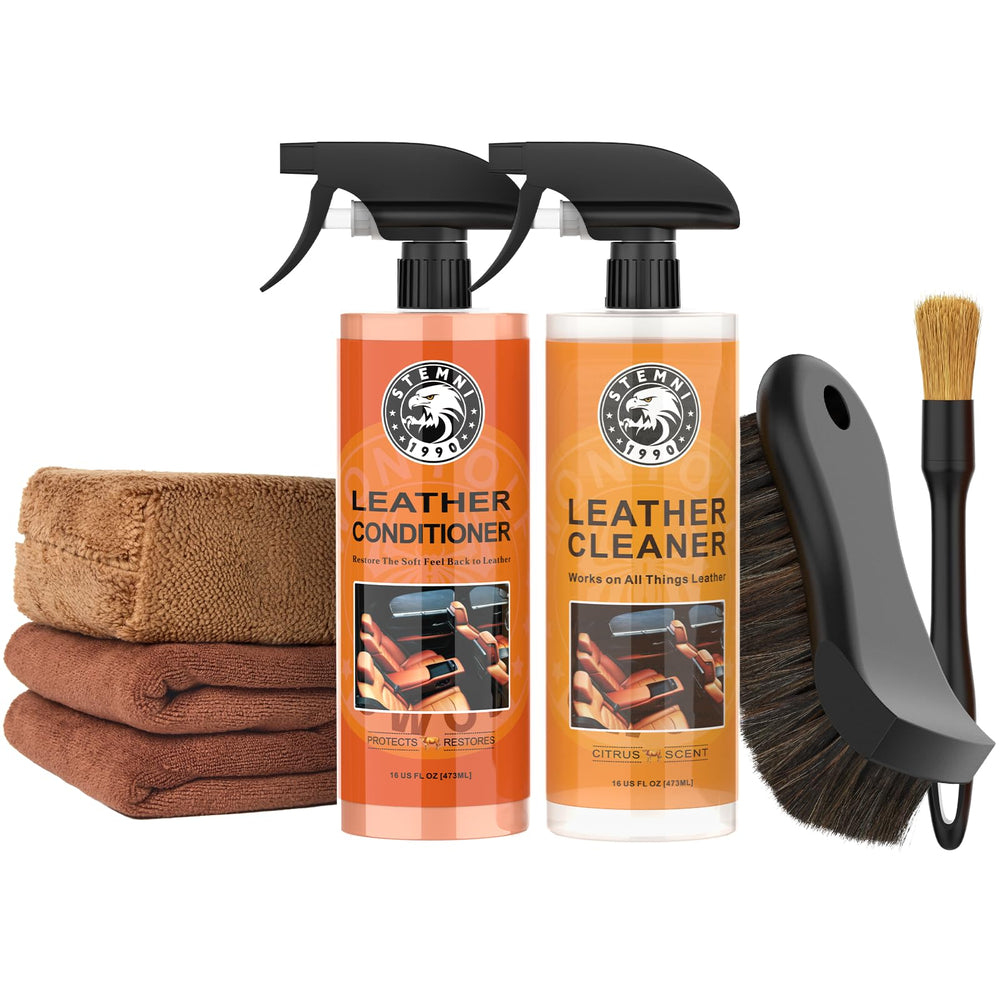 Stemni car leather cleaner bottle demonstrates deep cleaning for refreshed interiors.