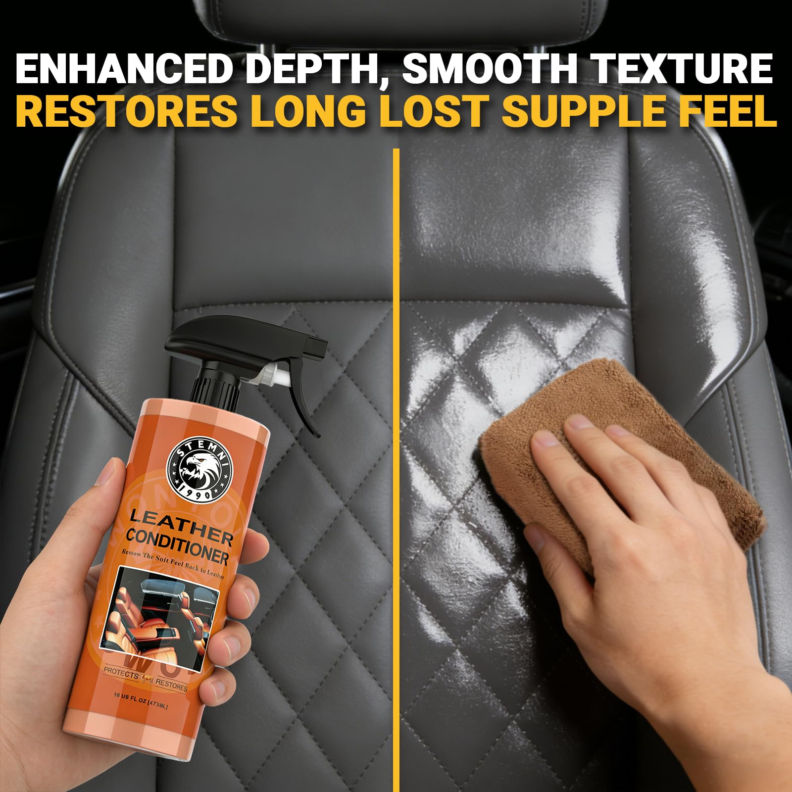 Stemni car leather care kit box opened to reveal a complete six-piece set.