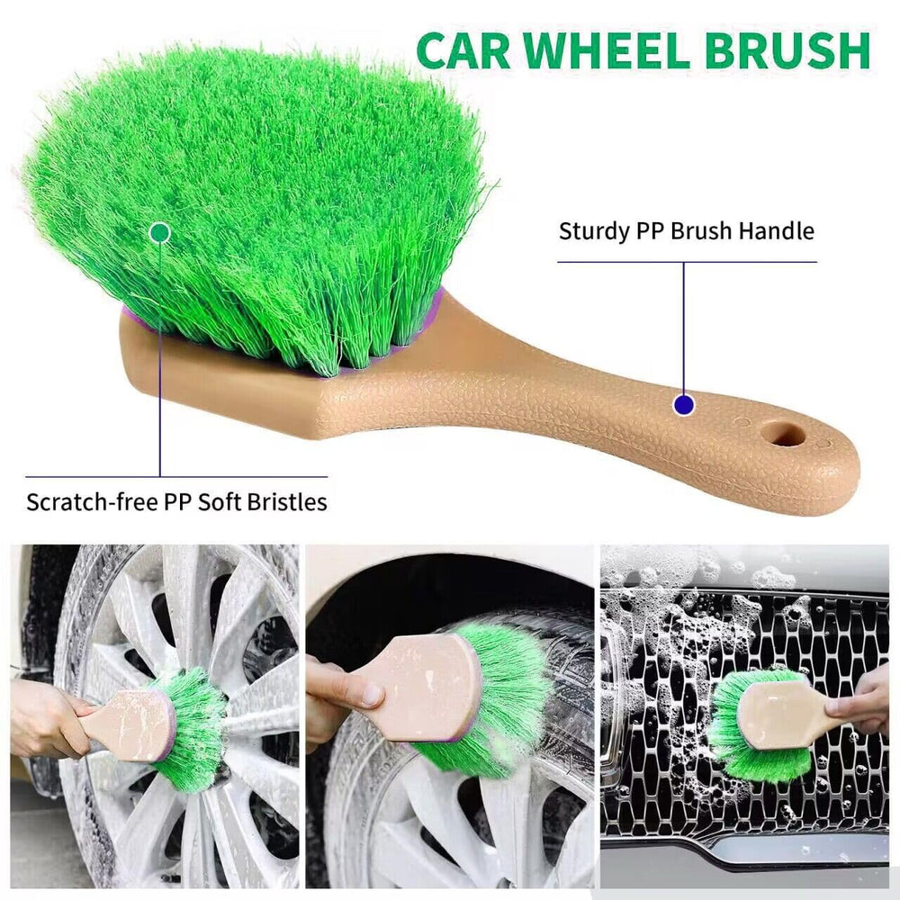 Stemni wheel and tire brush cleans crevices on wheels.