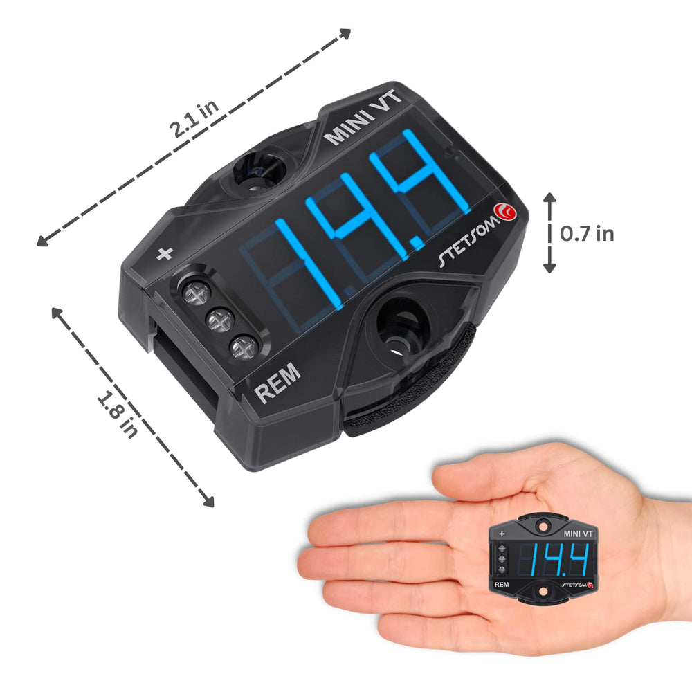 Stetsom MiniVT voltmeter showing range 7–30V with accuracy