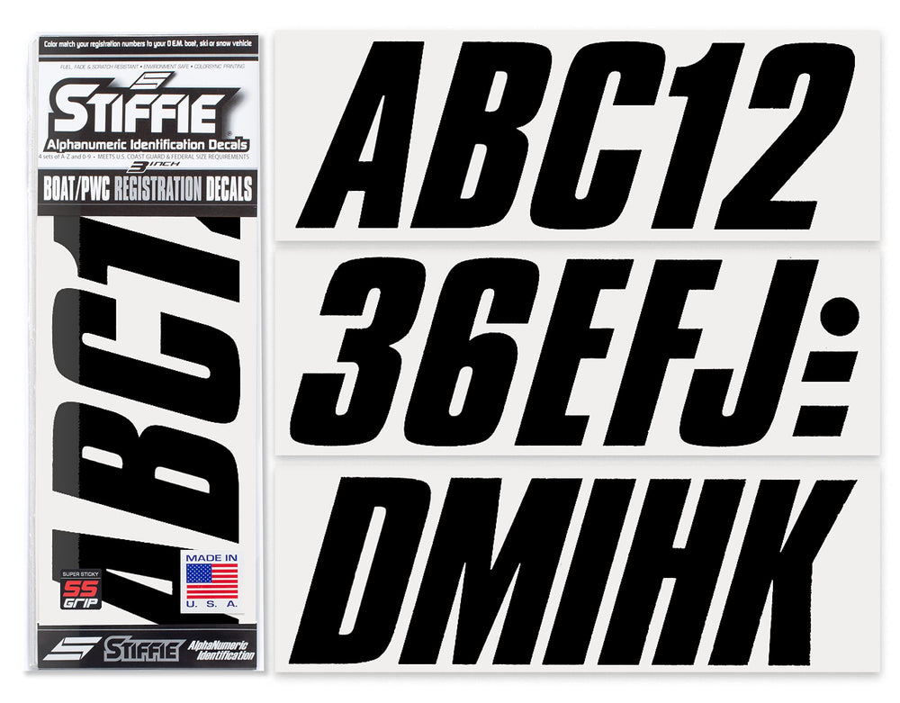 Stiffie Shift black 3in decal set provides bold, readable vessel registration.