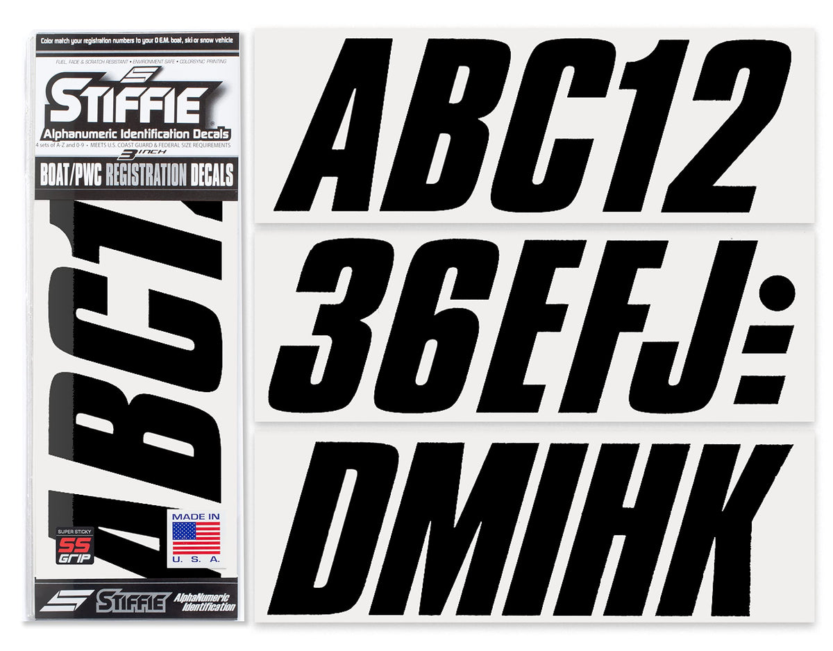 Stiffie Shift black 3in decal set provides bold, readable vessel registration.