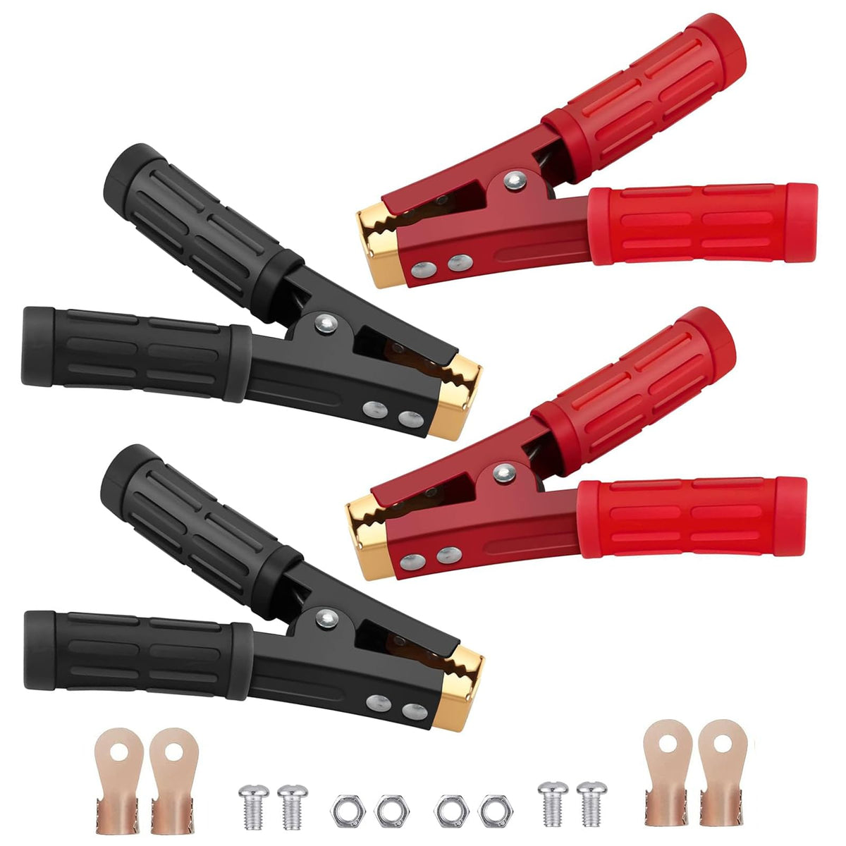 STIFFOUR battery clamps in red and black for secure jump-starts and power transfers.