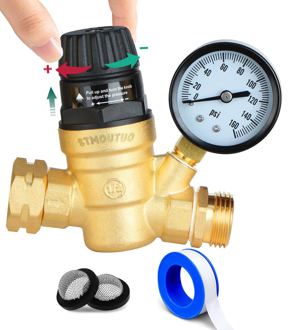 STMOUTUO RV water pressure regulator package ready for quick installation.