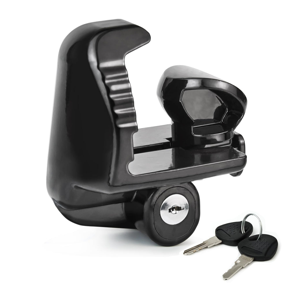 Stochastic Box trailer lock front view highlighting rugged build for tow-away protection