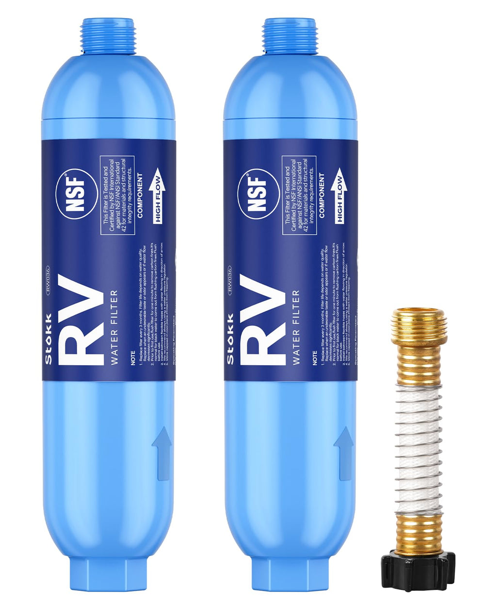 Stokk RV water filter with flexible hose protector ensures leak-free connections.