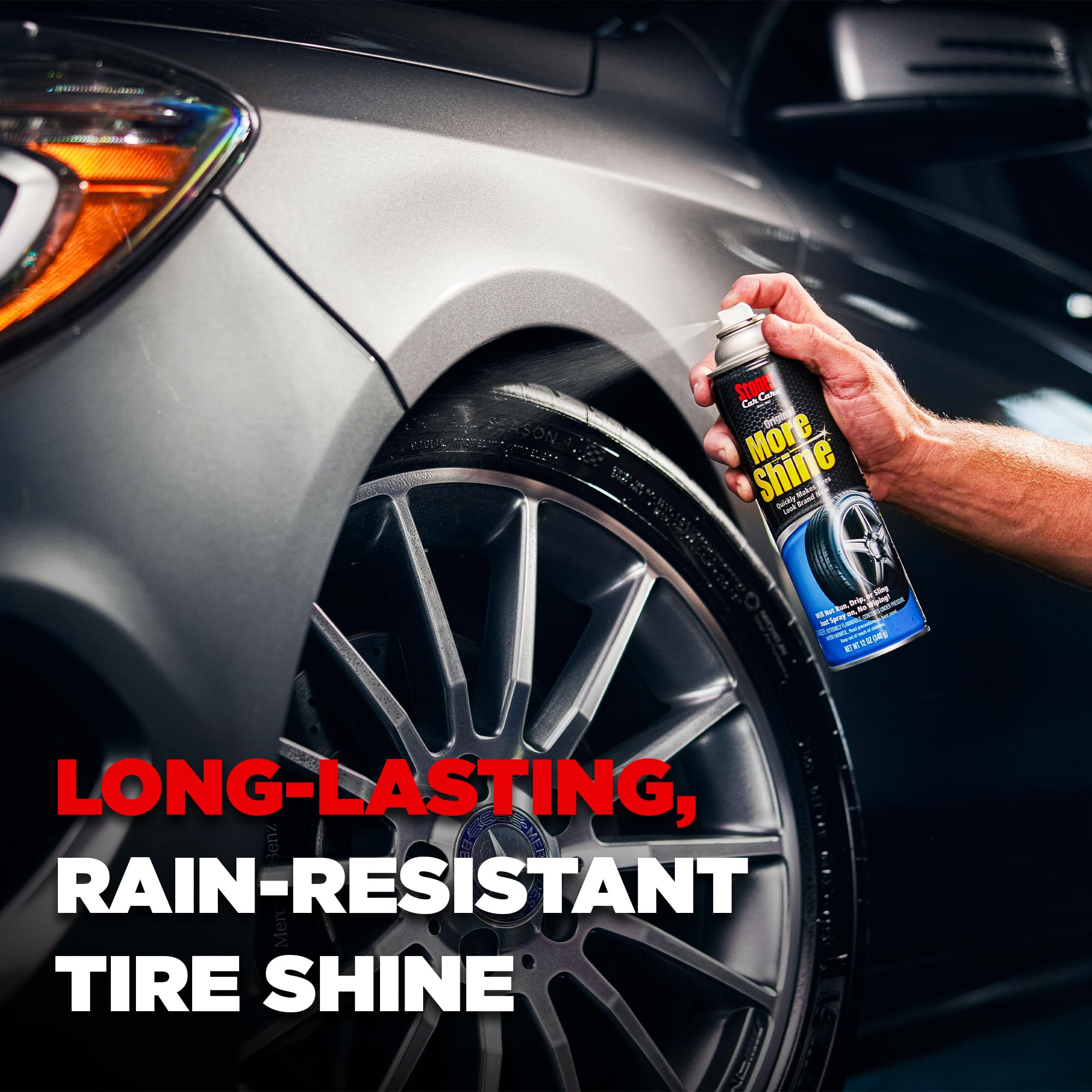Rain-resistant finish preserves deep black tires through wet weather.