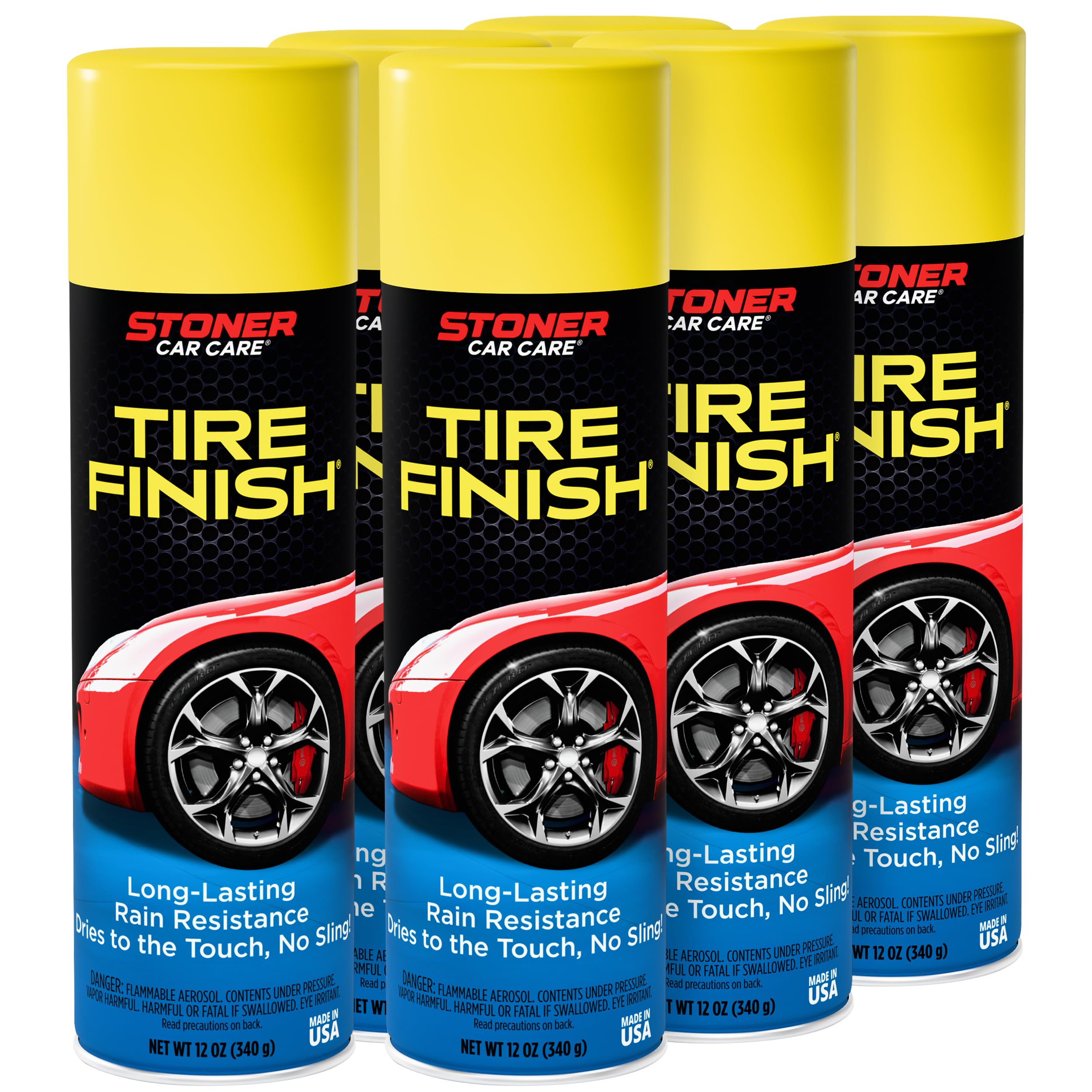 Stoner Car Care More Shine Tire Finish bottle packaging in a six-pack for easy home use
