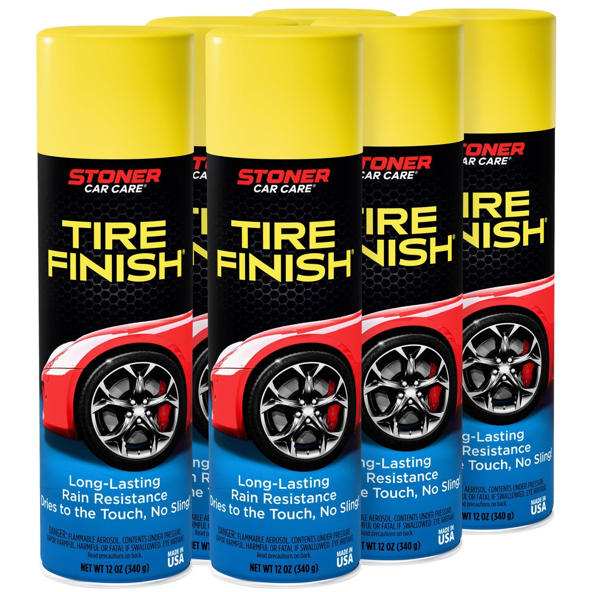 Stoner Car Care More Shine Tire Finish bottle packaging in a six-pack for easy home use