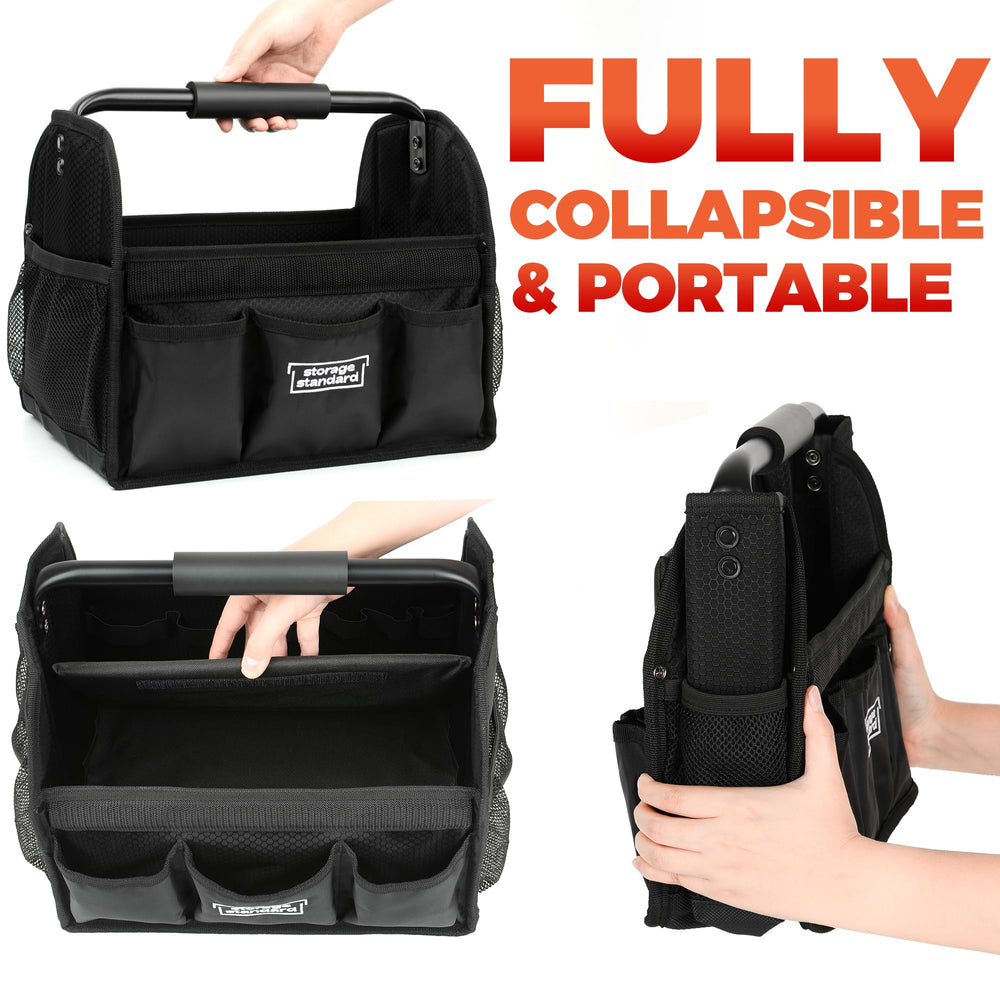 Storage Standard detailing caddy fold-flat design saves space in vehicles and storage.