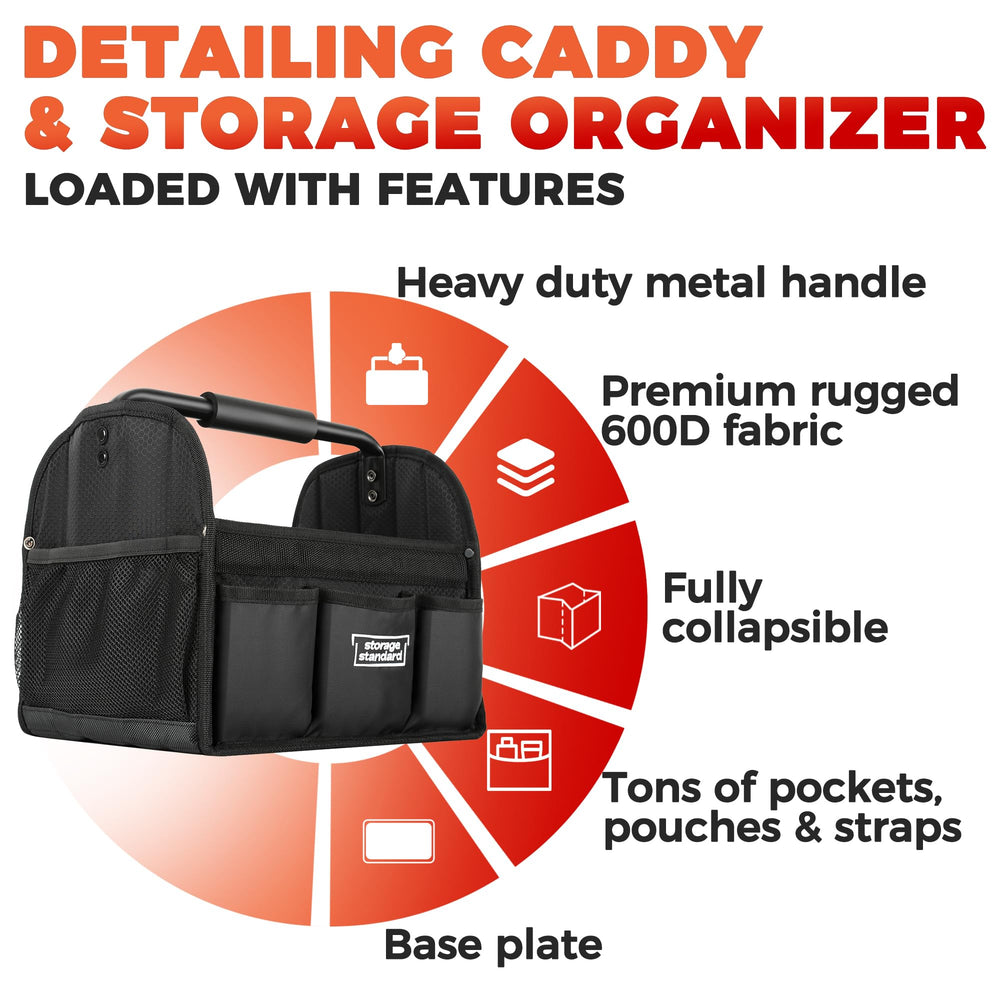 Storage Standard detailing caddy front-pocket setup keeps brushes organized.