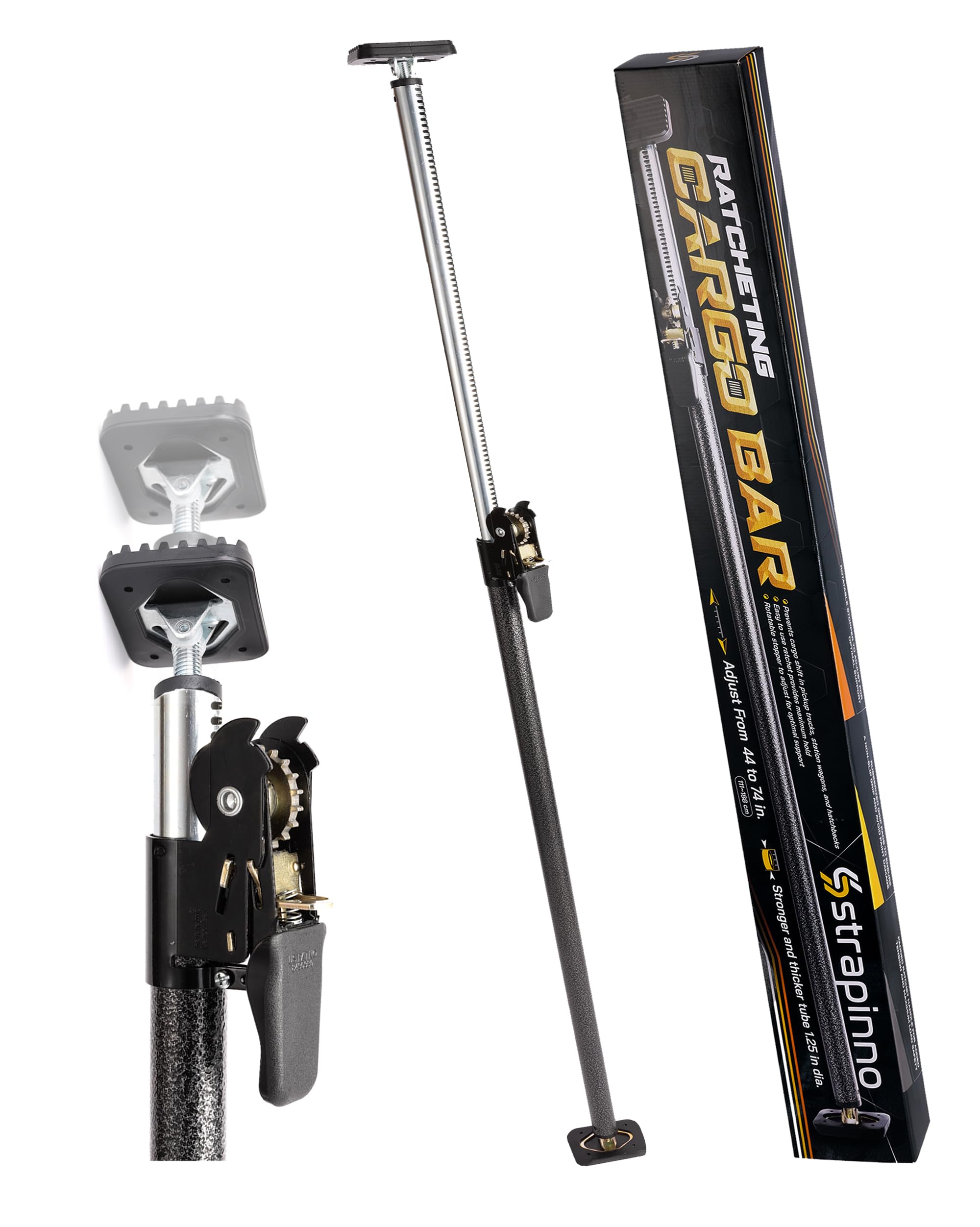 Strapinno ratcheting cargo bar in full extension showing maximum reach for secure cargo.