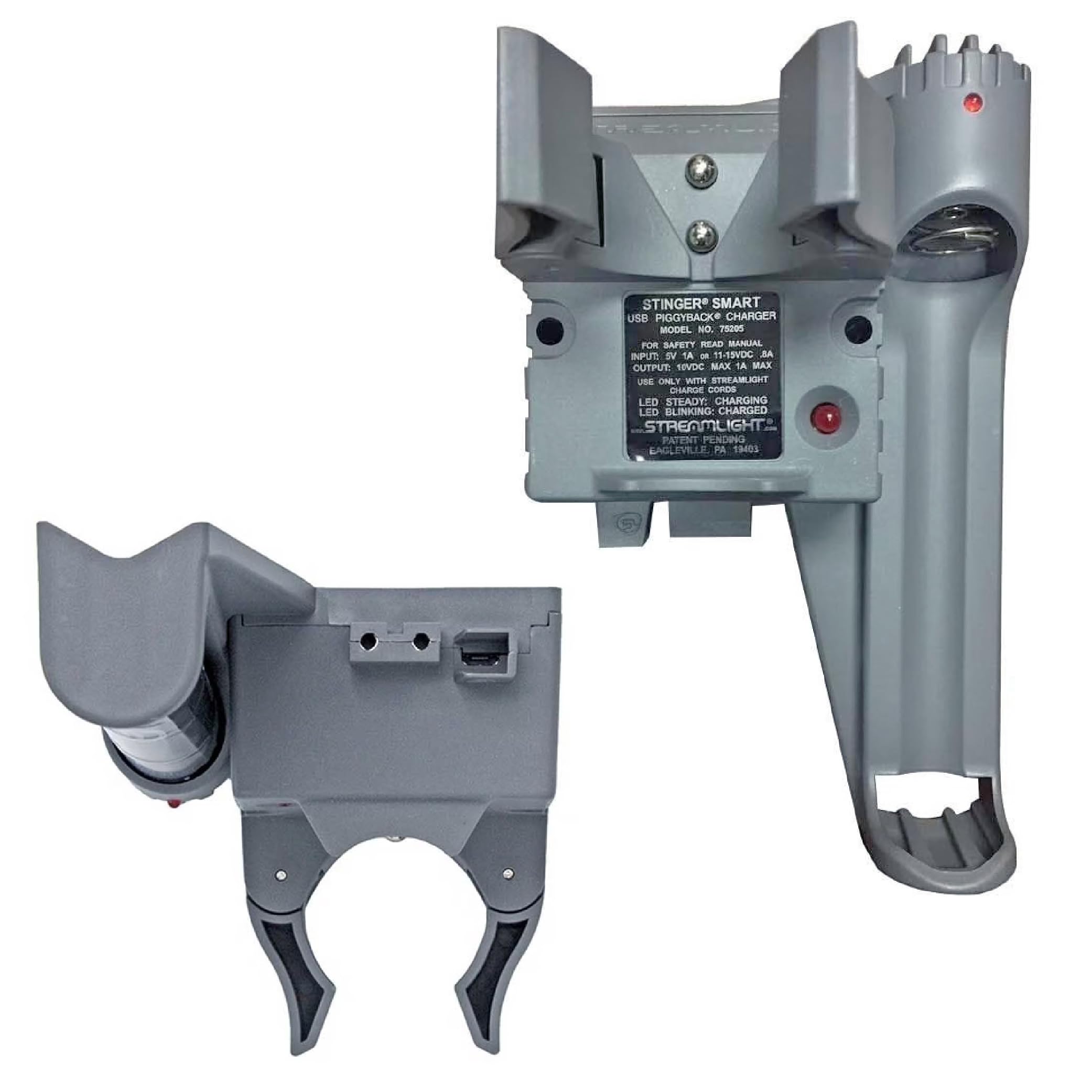Streamlight 75205 piggyback charger side view enables quick recharges for uninterrupted work.