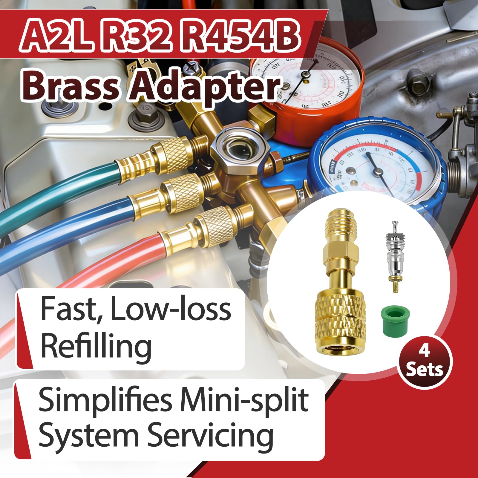 StreytoTek A2L R32 R454B adapter side view highlighting durable brass construction.