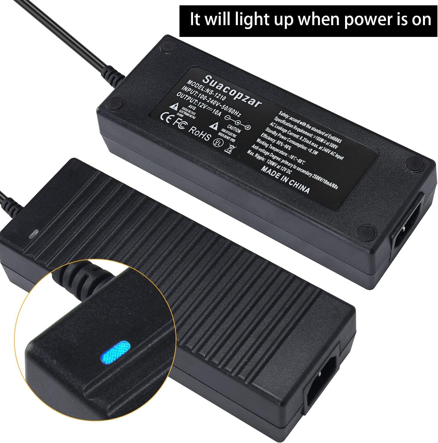 Suacopzar US plug with cigarette-lighter connector for on-the-go power.