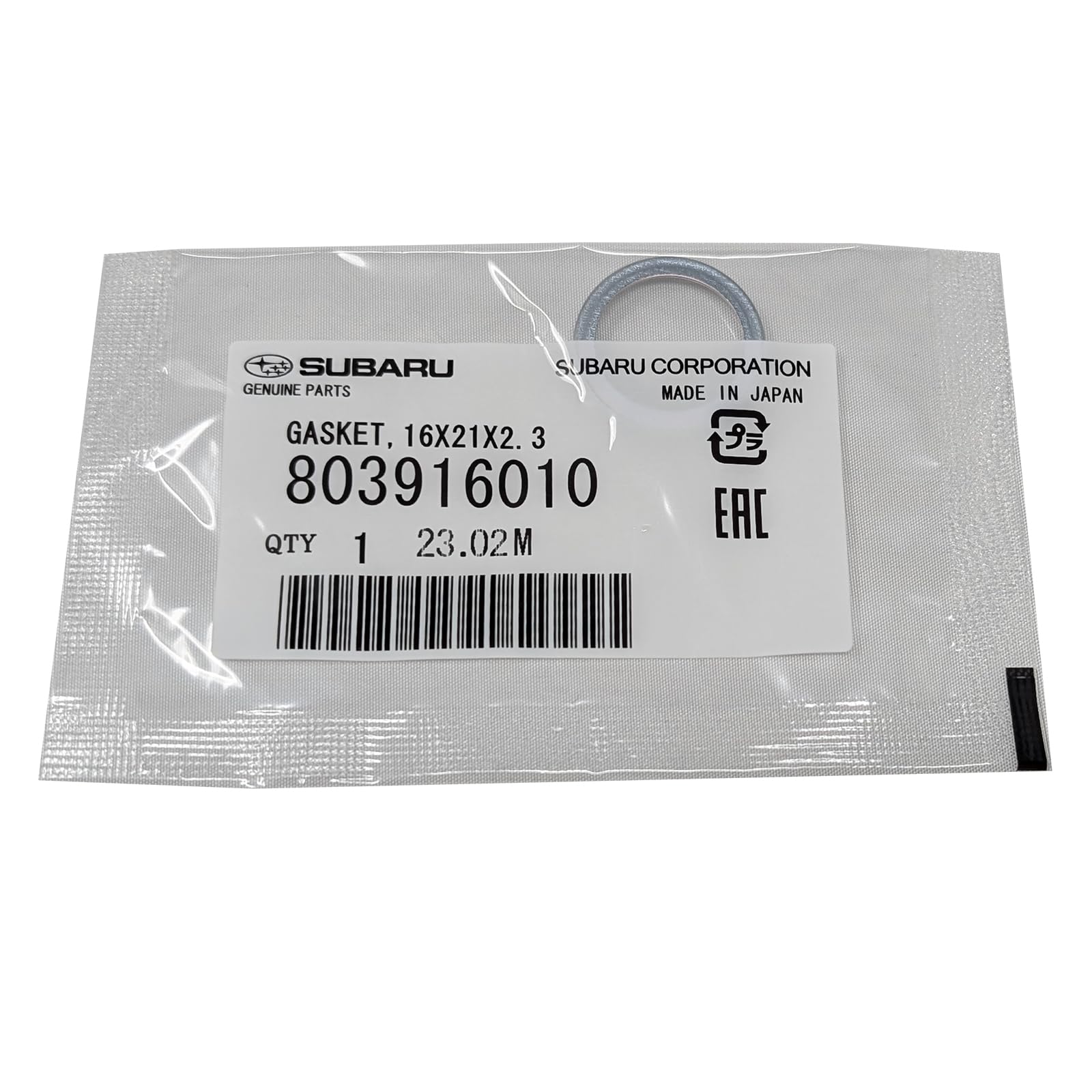Subaru crush washer close-up, 803916010, highlighting seal integrity during oil changes.