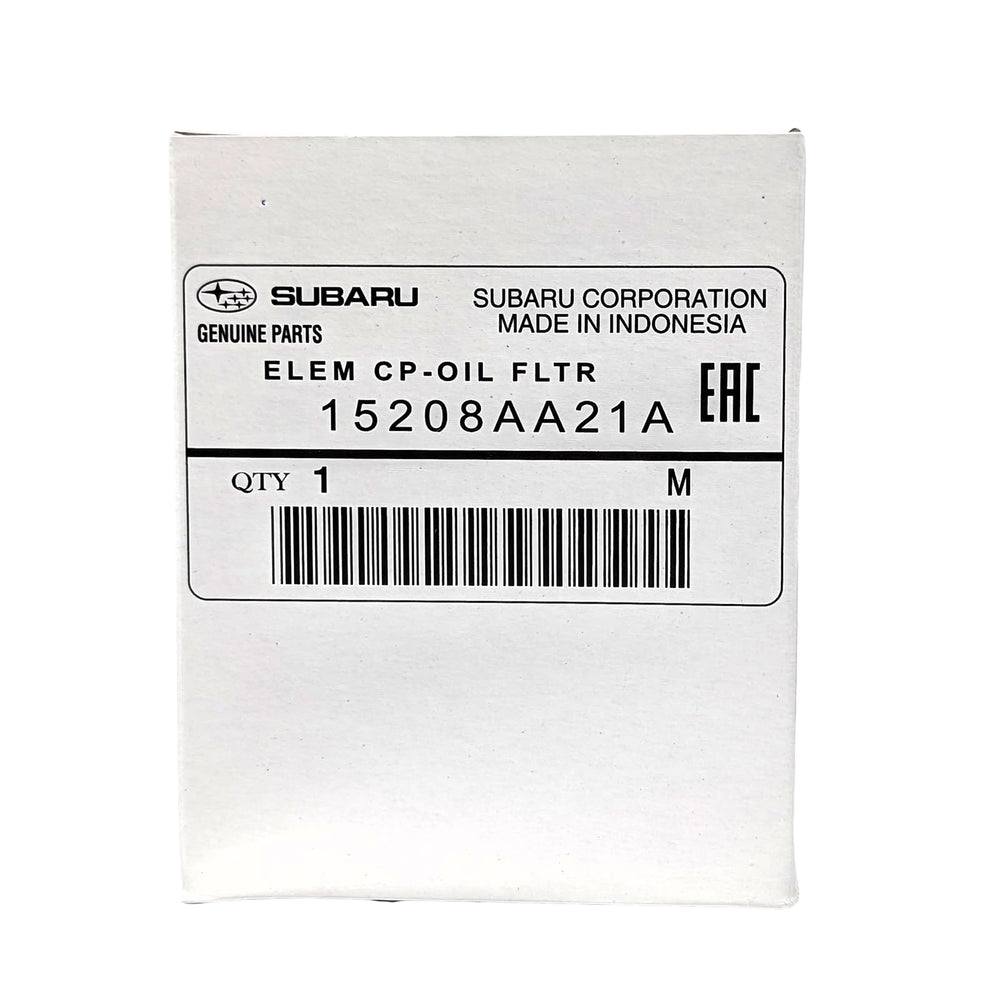 Subaru engine oil filter close-up, 15208AA21A, illustrating replacement quality.