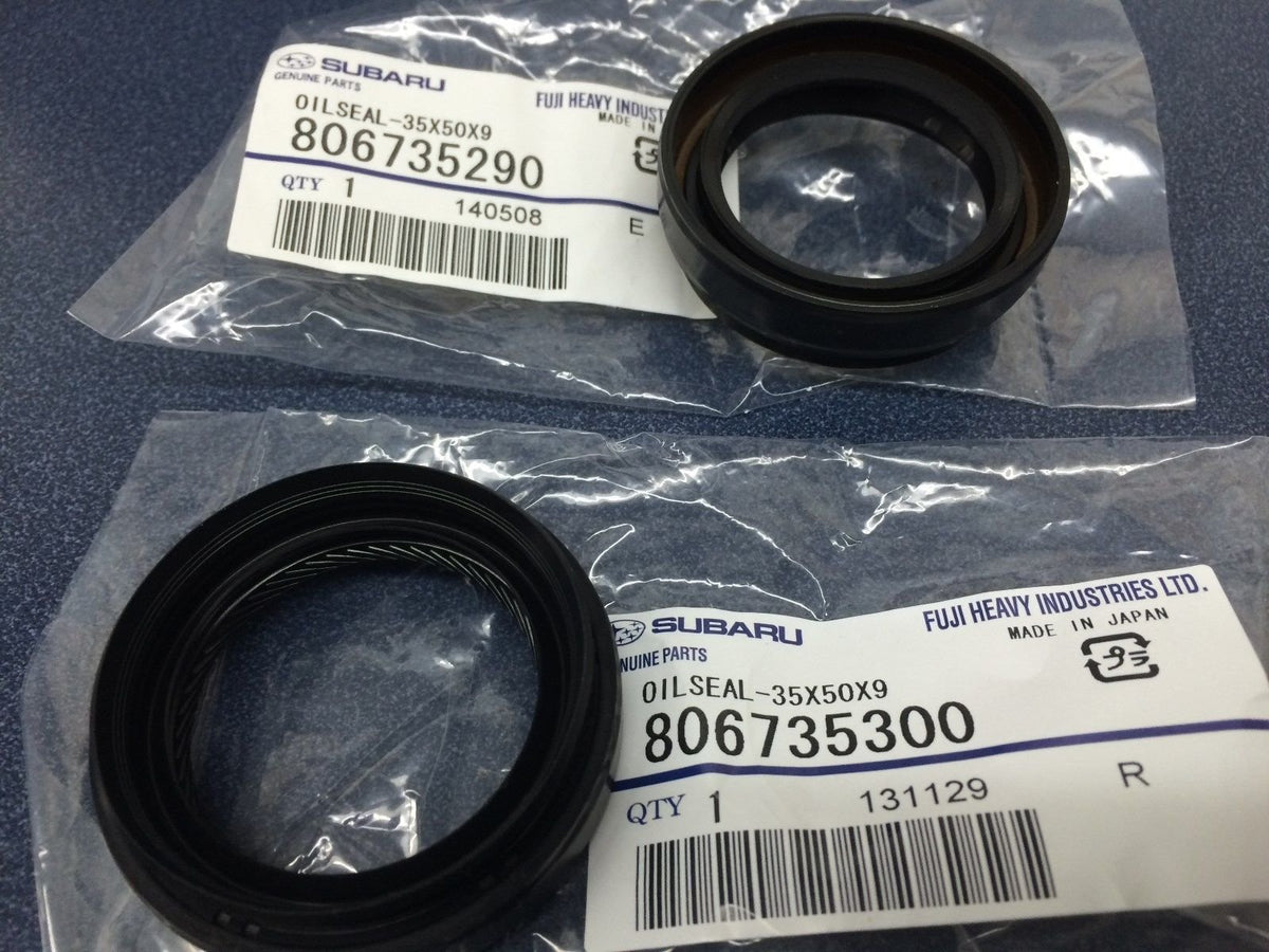 Subaru front drive axle seal kit with left and right inner seals for durable transaxle sealing.