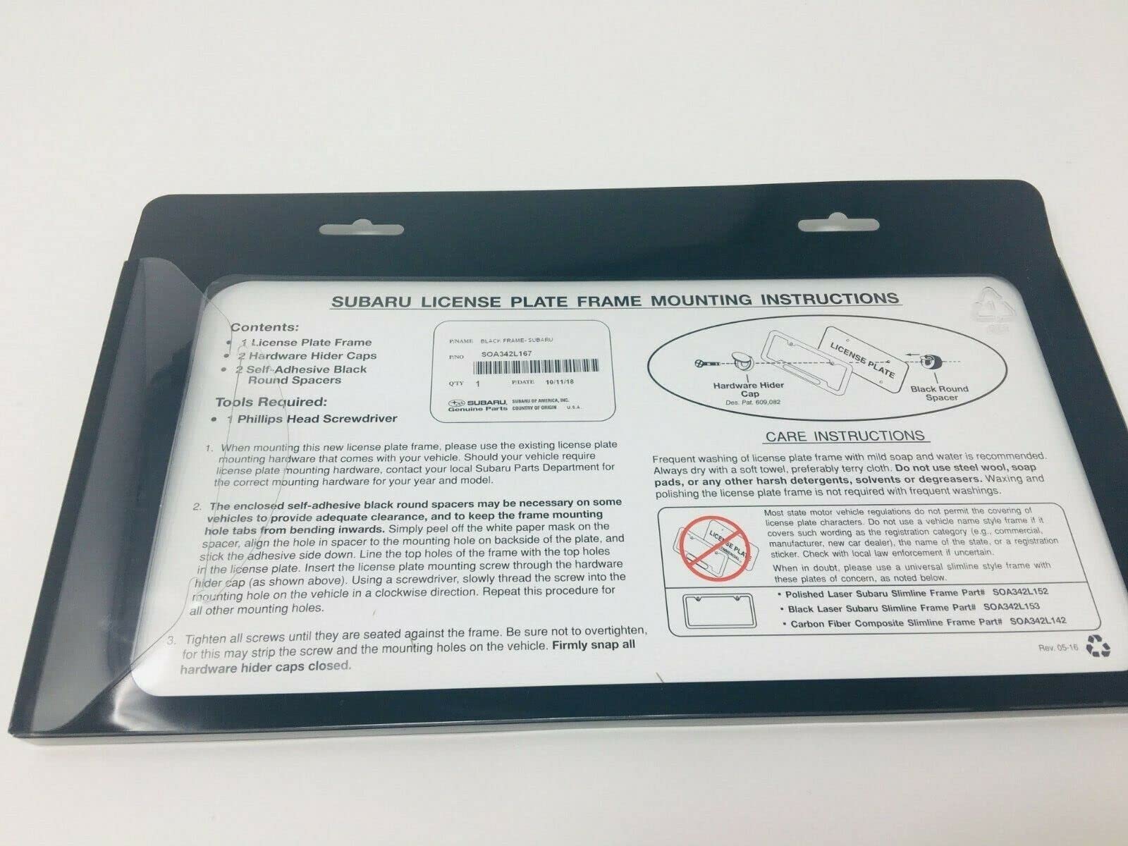 Subaru logo license frame installed on a vehicle, highlighting the stainless finish and clean fit.