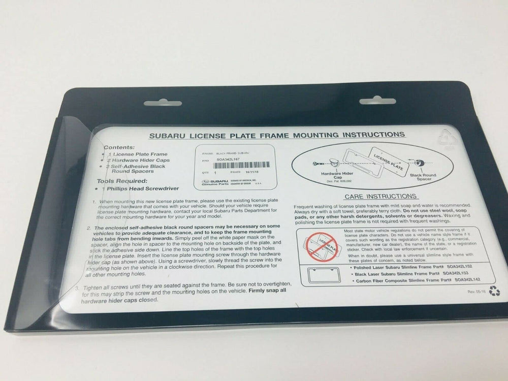 Subaru logo license frame installed on a vehicle, highlighting the stainless finish and clean fit.