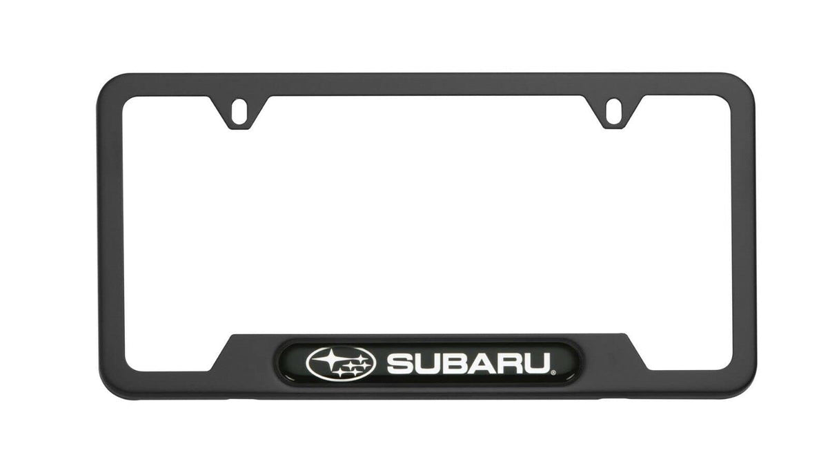 Subaru logo license frame in matte black finish on the front view, showcasing a sleek, durable look.