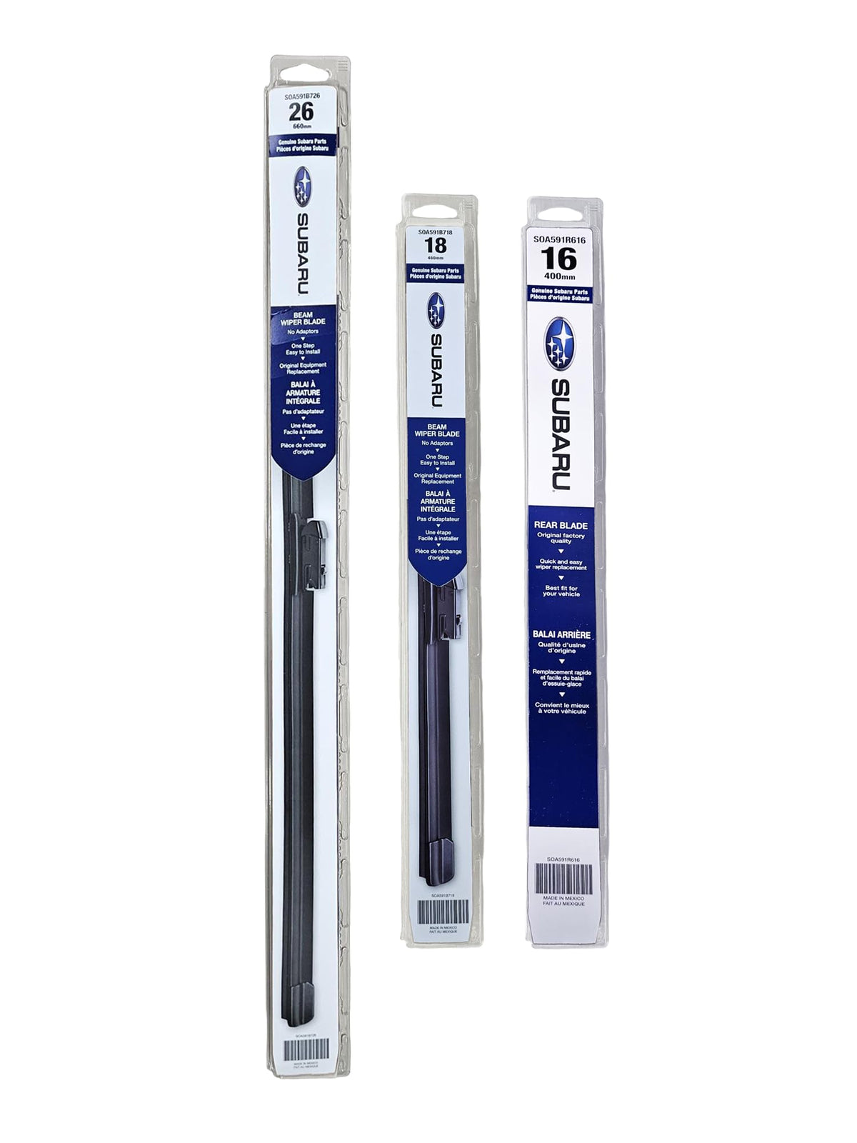 Subaru Outback front wiper blade in motion for rain visibility.
