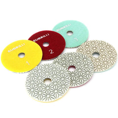 SUBRILLI 4-inch diamond polishing pads on granite for quick, glossy results