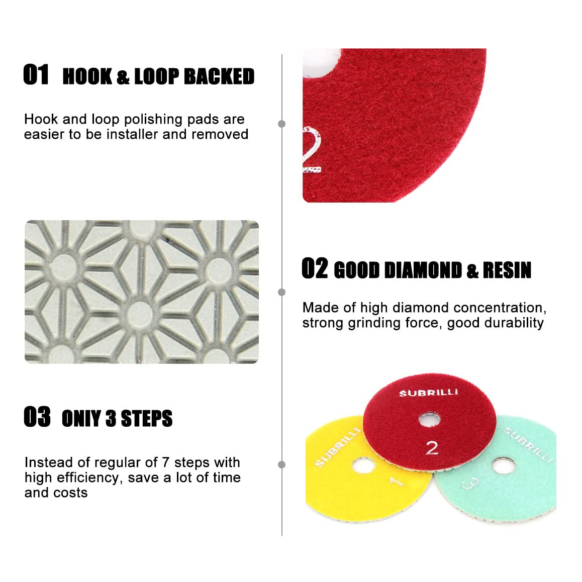 SUBRILLI 4-inch diamond polishing pads on travertine for refined finish