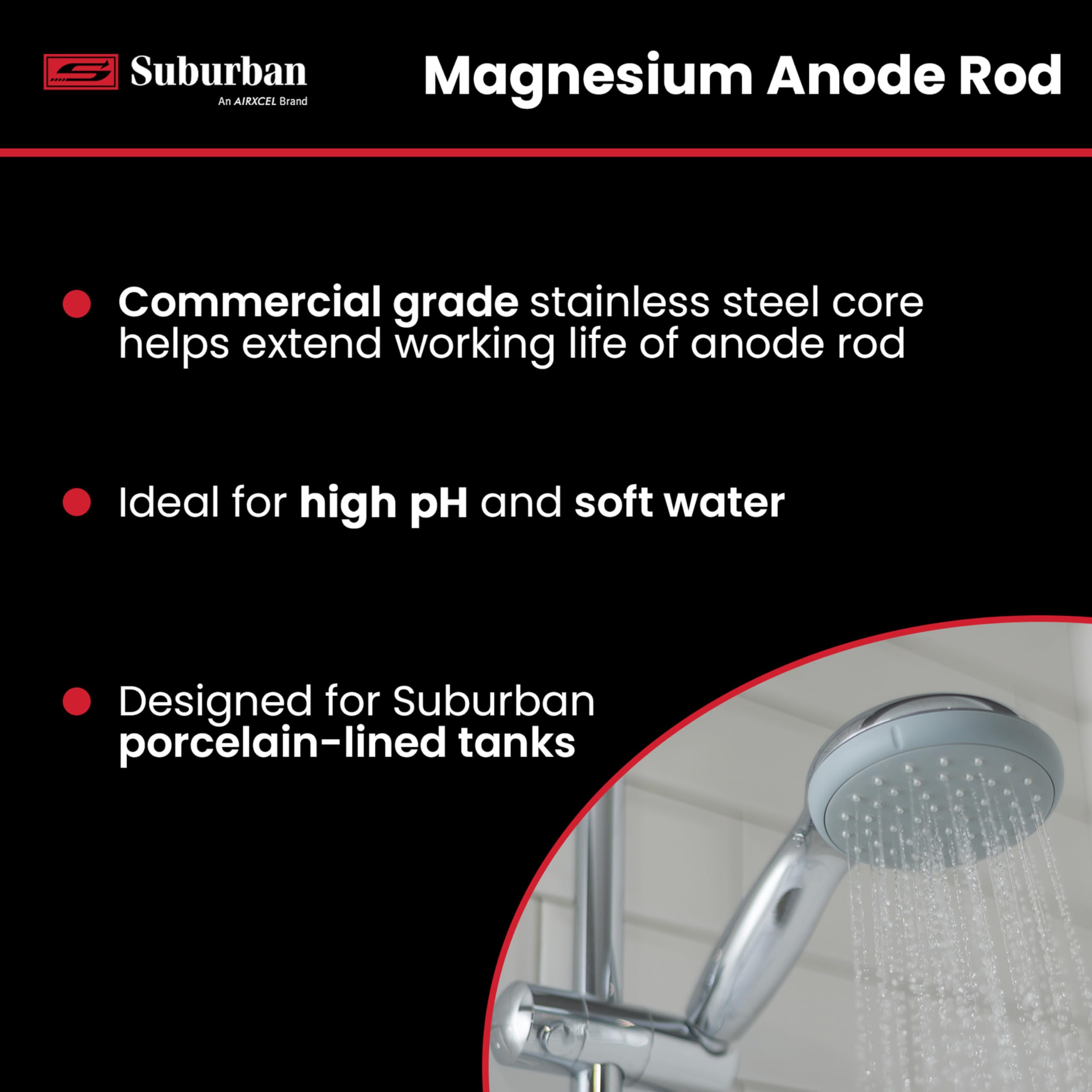 Close-up of Suburban porcelain-lined tank showing magnesium rod compatibility and fit