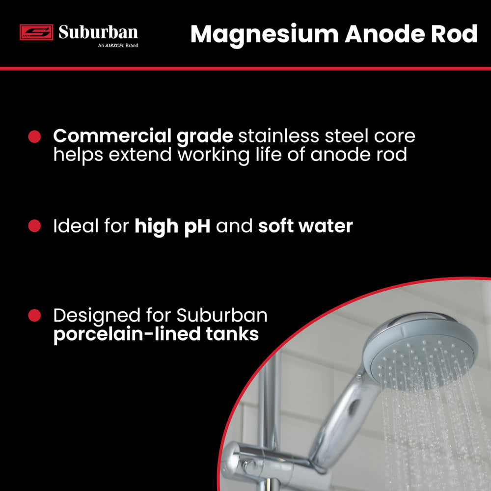 Close-up of Suburban porcelain-lined tank showing magnesium rod compatibility and fit