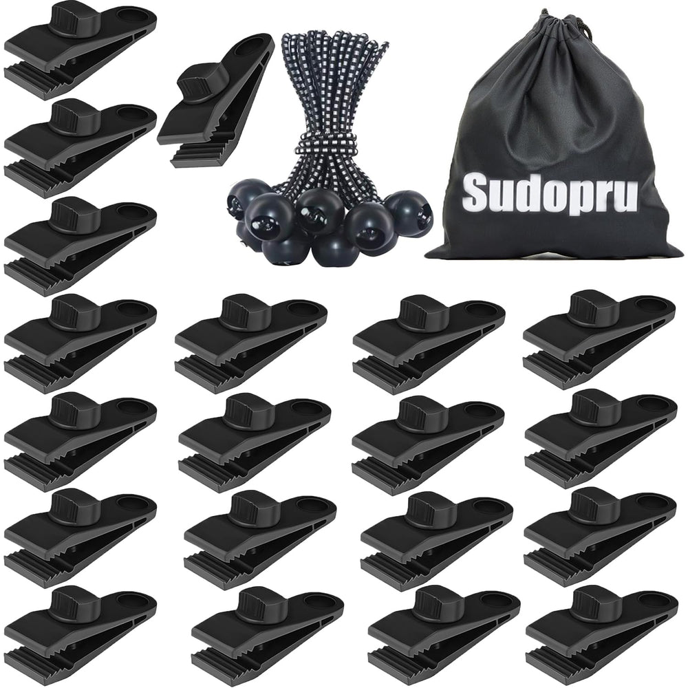 Sudopru all-in-one secure grip kit with tarp clips and bag for reliable, wind-resistant tents and covers.