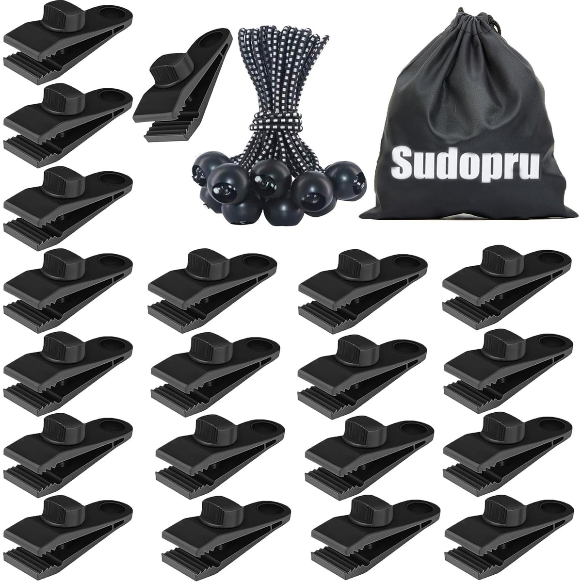 Sudopru all-in-one secure grip kit with tarp clips and bag for reliable, wind-resistant tents and covers.