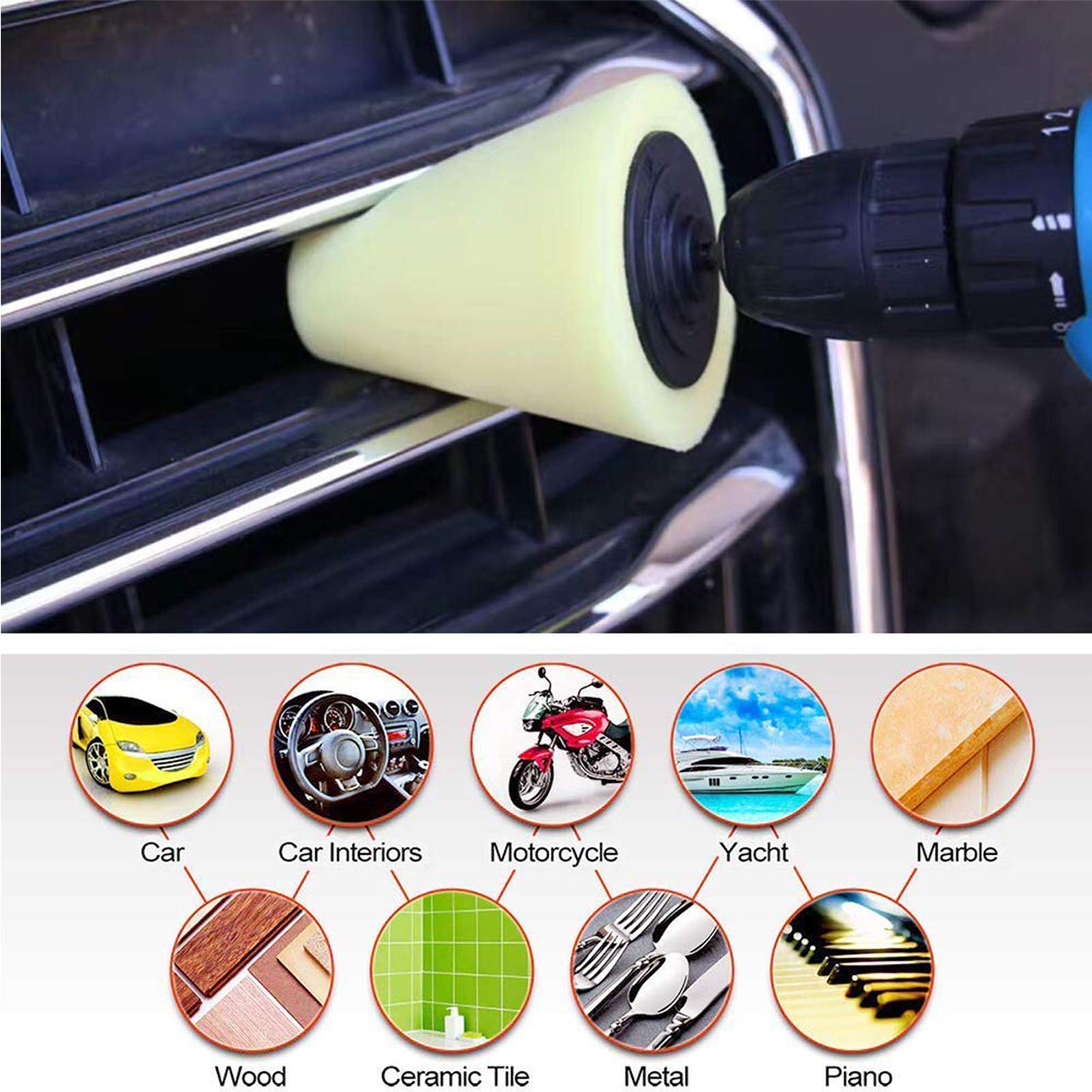 Sponge-cone and pads are washable, reusable, and compatible with cordless or corded drills.