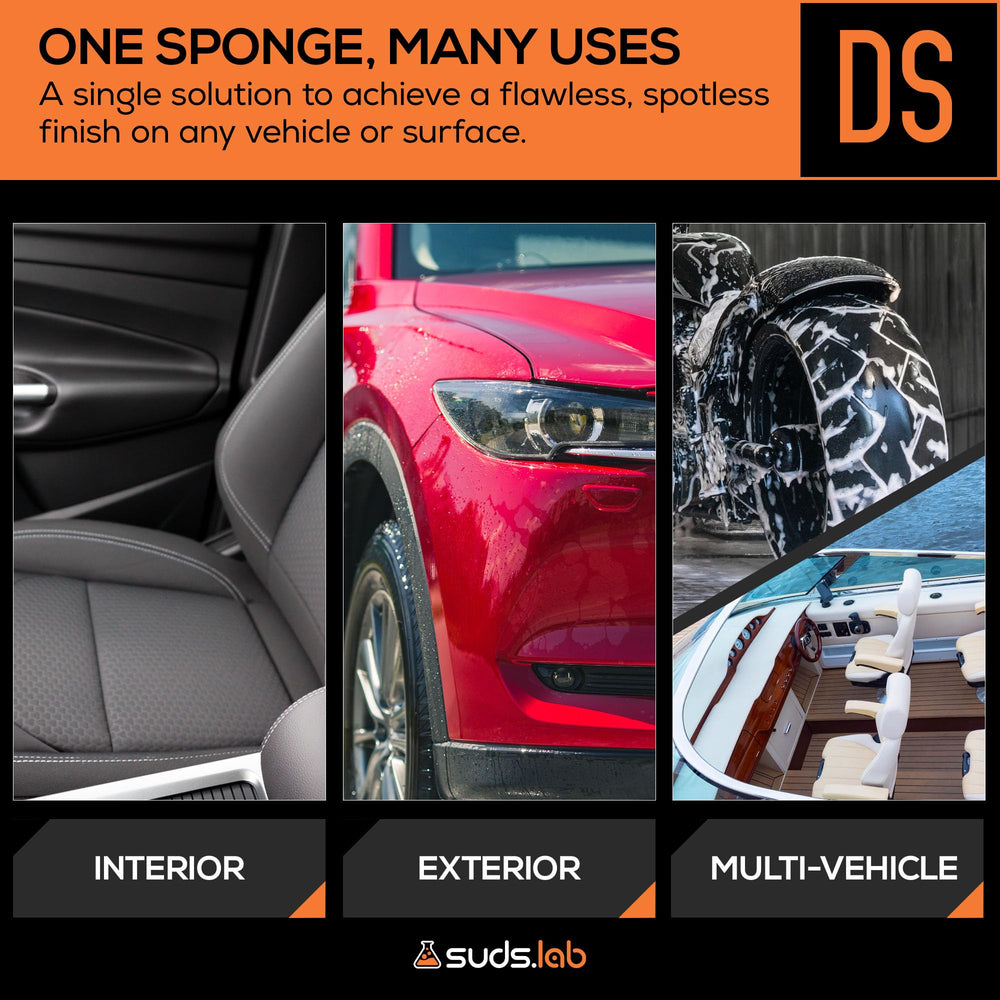Suds Lab DS detailing scrub sponge dual-texture pad for polishing and scrubbing.