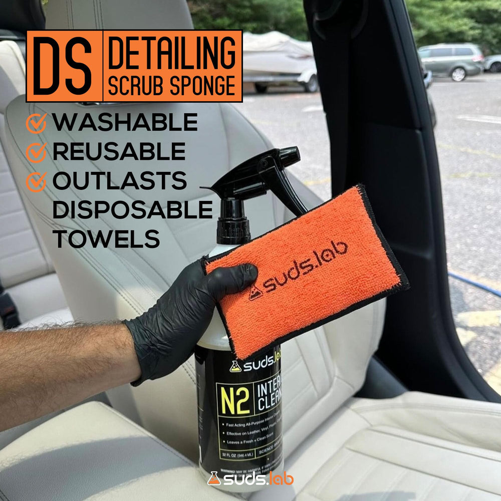 Suds Lab DS detailing scrub sponge is washable and reusable for less waste.