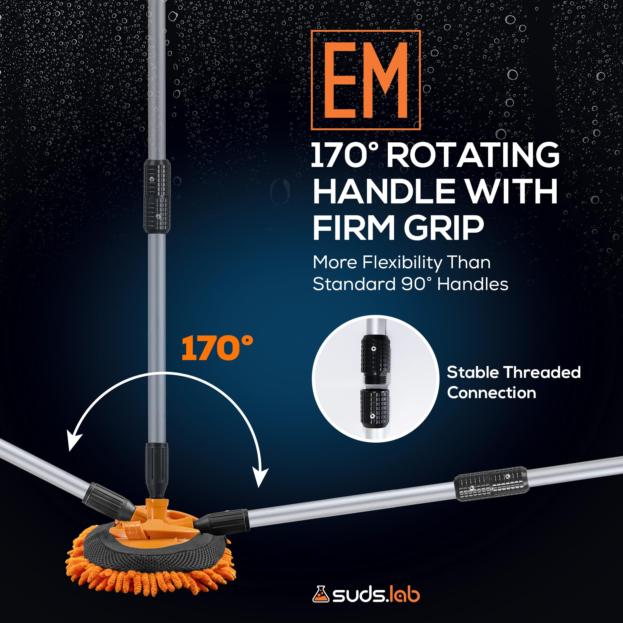 Suds Lab EM 170-degree swivel head eases access to tight spots