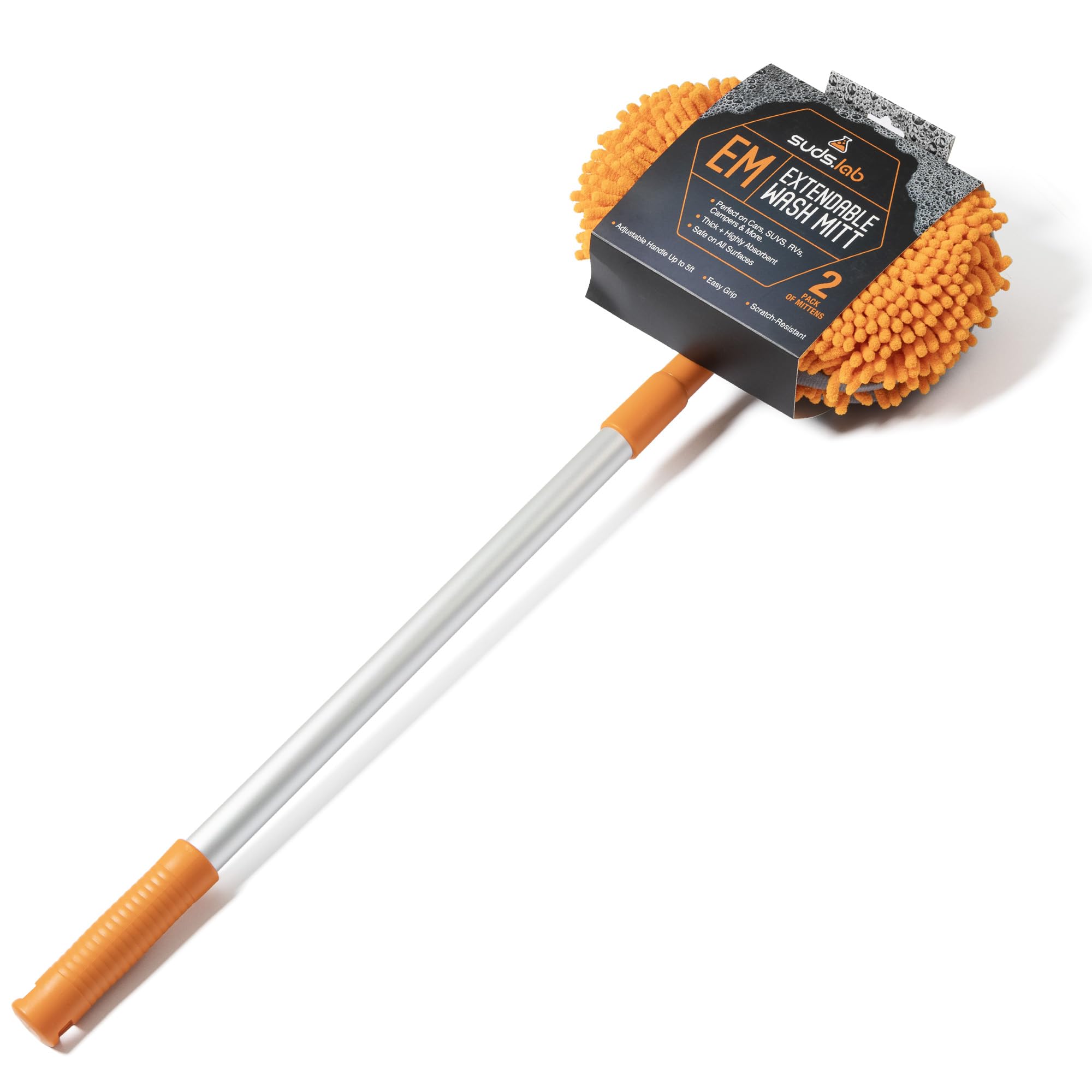 Suds Lab extendable microfiber brush reaching tall shelves for dusting