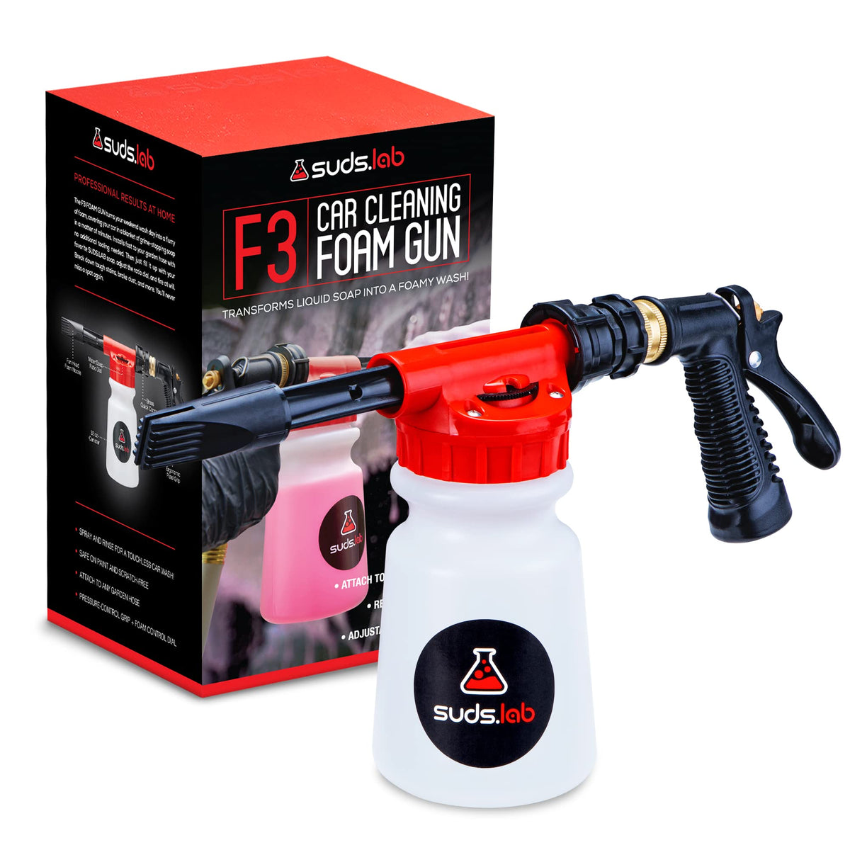 Suds Lab F3 foam gun attached to hose for an easy car wash experience.