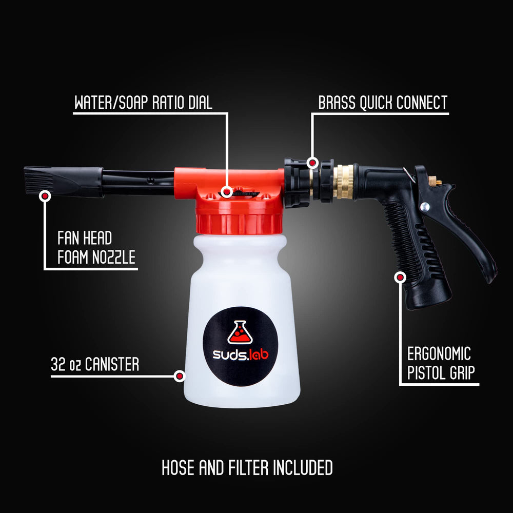 Suds Lab F3 garden hose connection enables fast, home car washing.