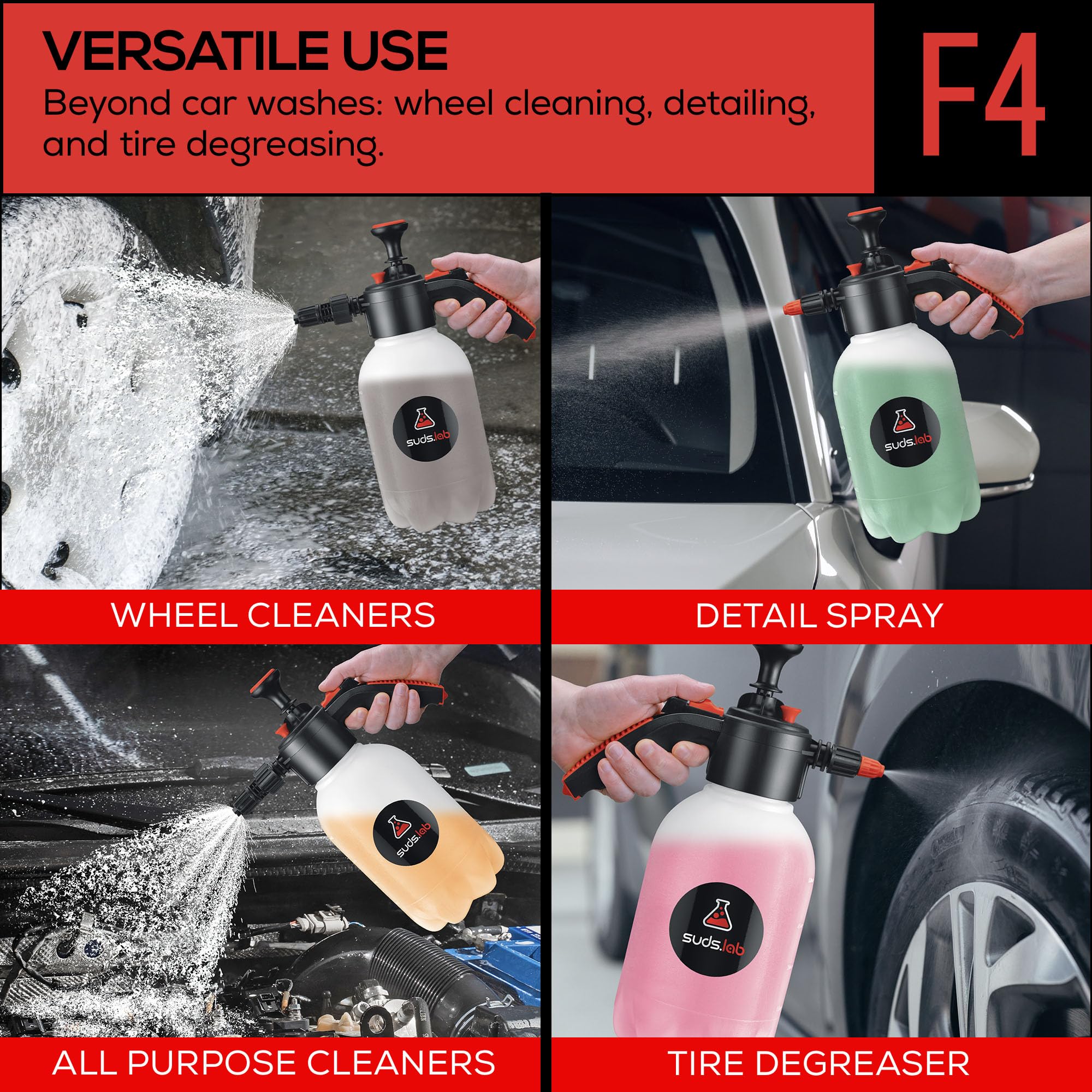 Suds Lab F4 foaming sprayer ergonomic handle for comfortable precision cleaning