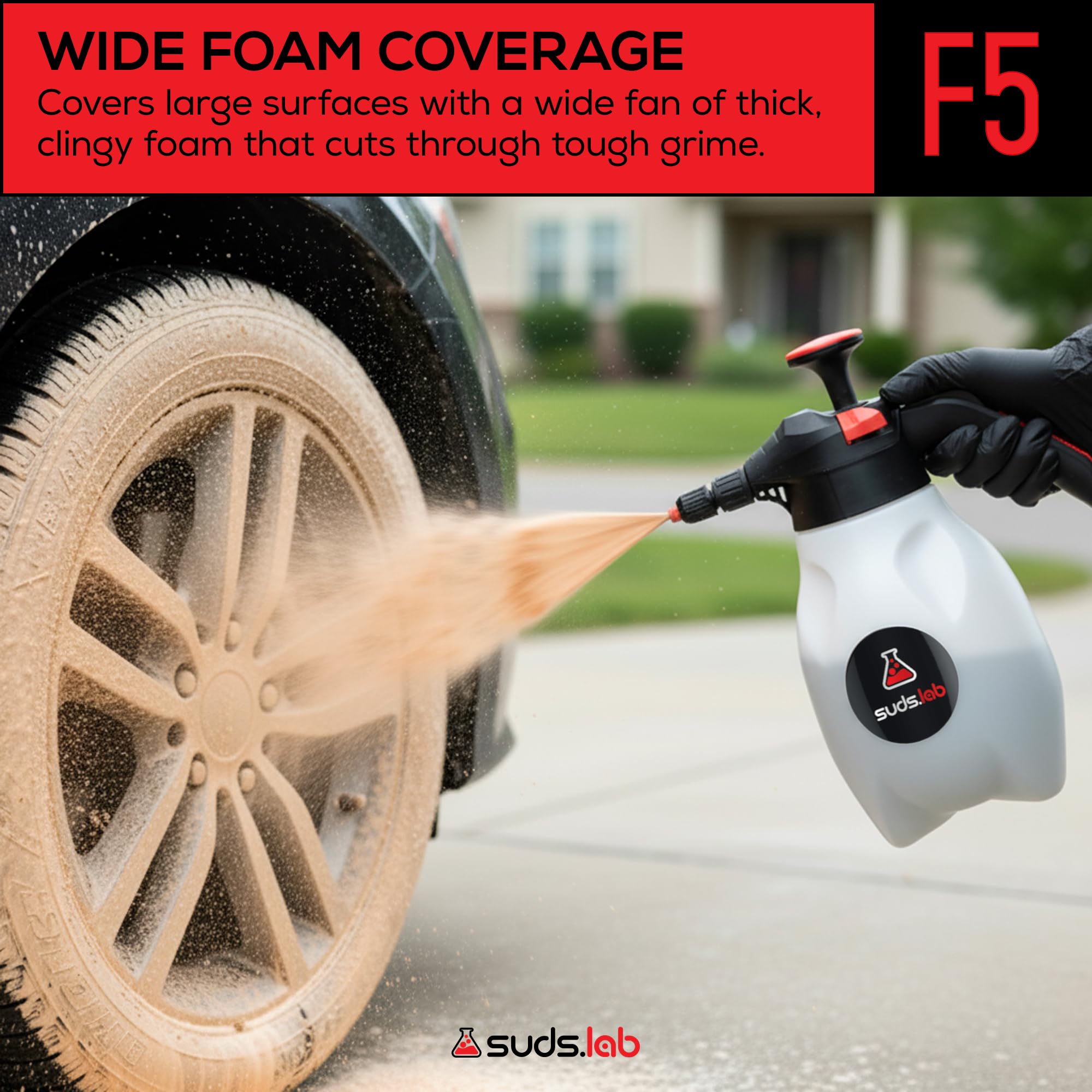 Suds Lab F5 fan nozzle creating a broad foam fan.