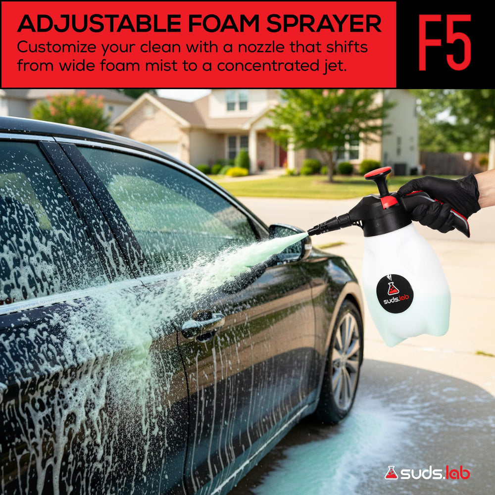 Suds Lab F5 stream nozzle for targeted cleaning.